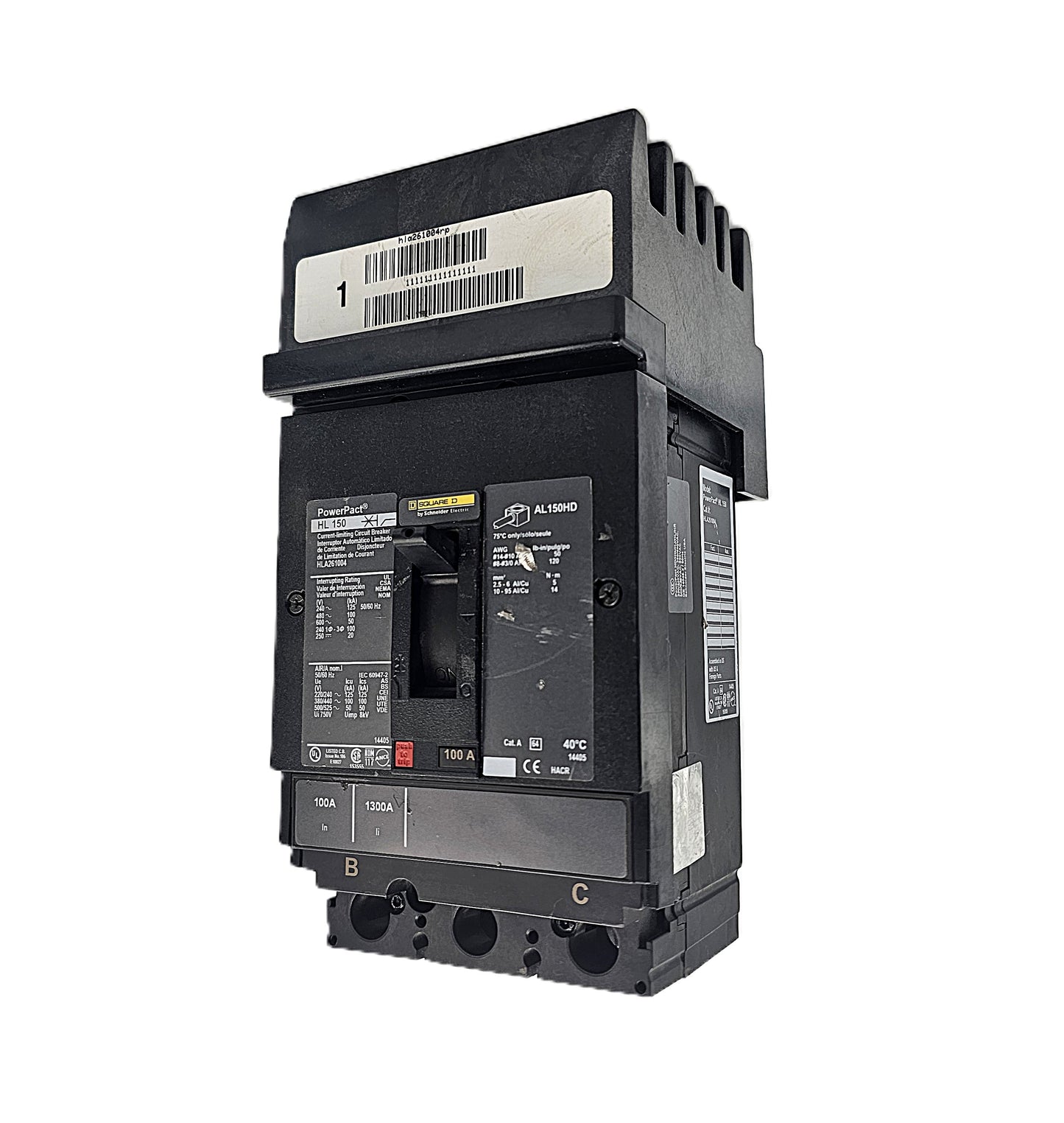 Square D PowerPact HLA261004 Circuit Breaker 2-Pole, 100 Amp, 600V AC, Bolt-On, PowerPact AL Frame