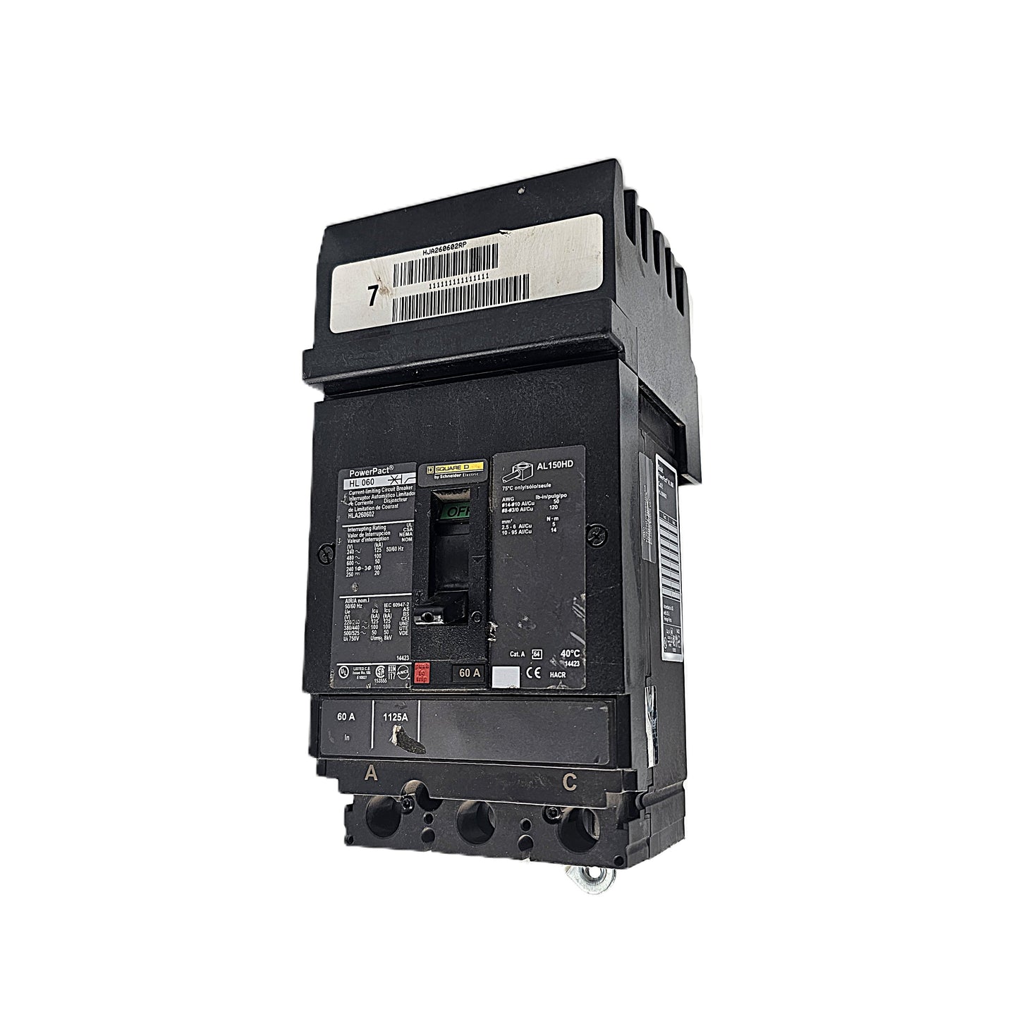 Square D PowerPact HLA260602 Circuit Breaker 2-Pole, 60 Amp, 600V AC, Bolt-On, PowerPact AL Frame