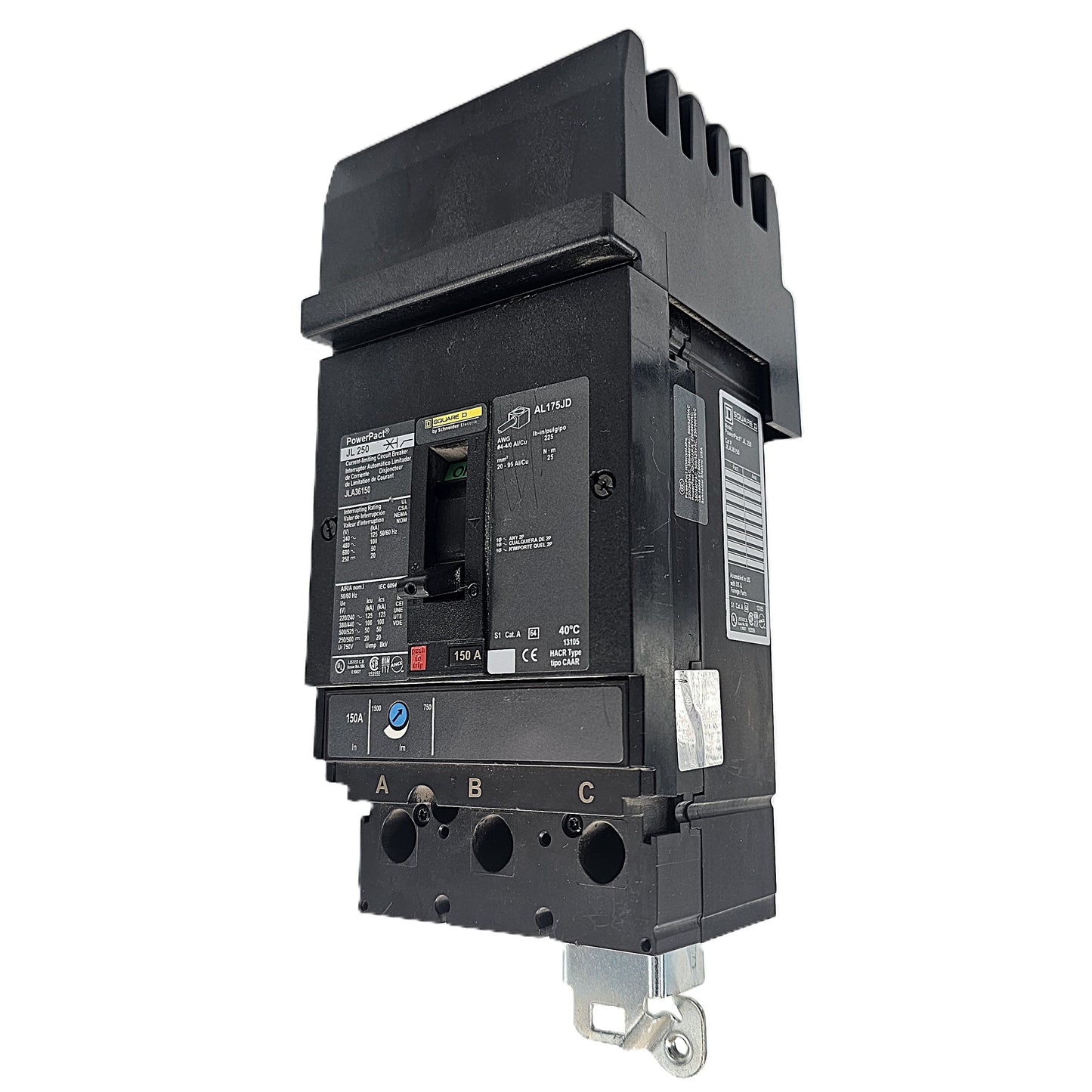 Square D PowerPact JLA26150 Circuit Breaker 3-Pole, 150 Amp, 600V AC, Bolt-On, PowerPact AL Frame
