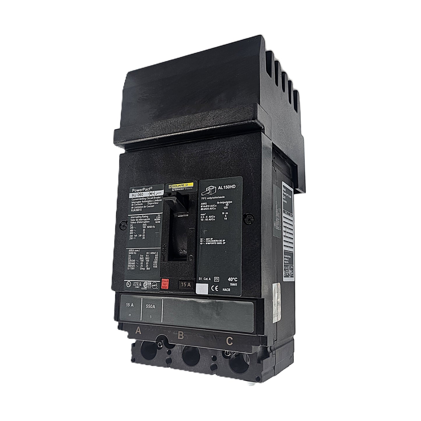 Square D PowerPact HJA36015SN Circuit Breaker 3-Pole, 15 Amp, 600V AC, Bolt-On, HJ-Frame
