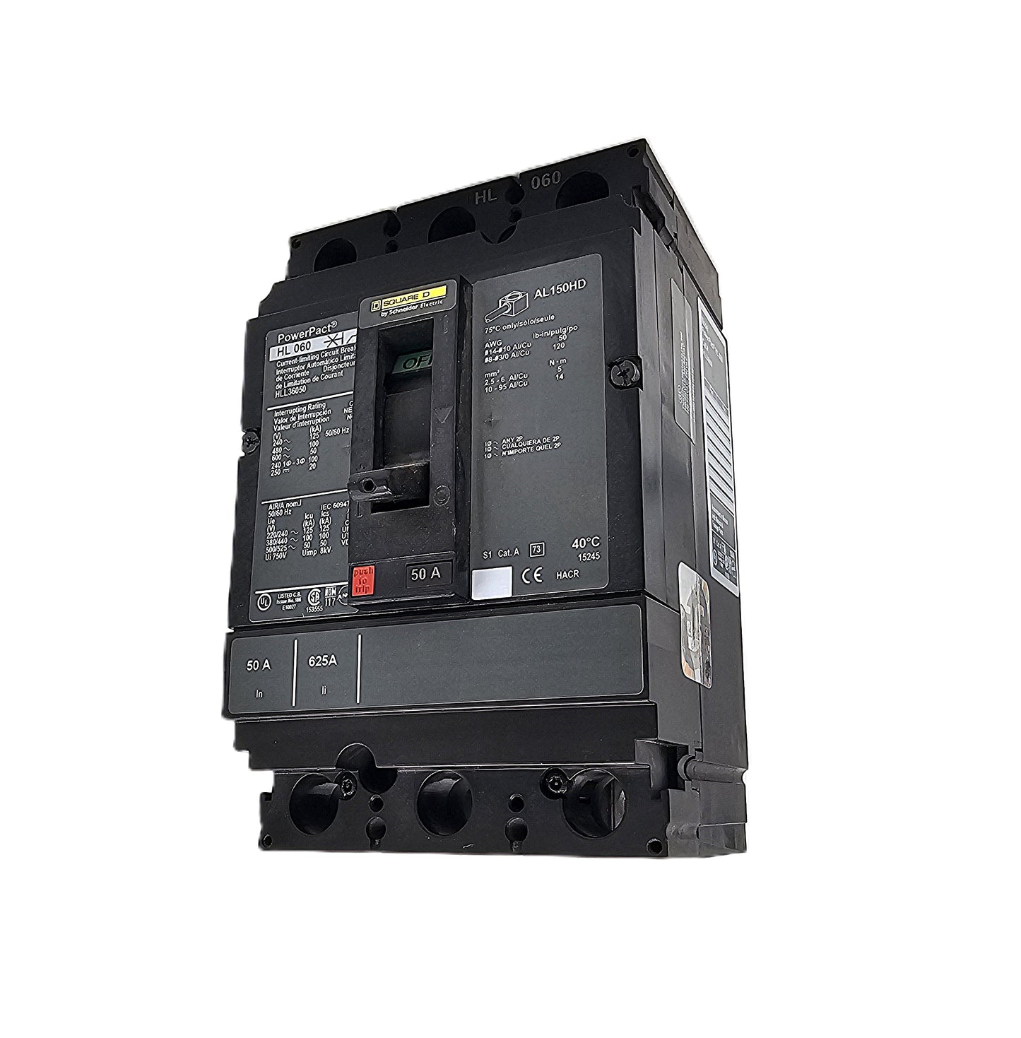 Square D HLL36050 Circuit Breaker 3-Pole, 50 Amp, 600V AC, PowerPact HL Frame