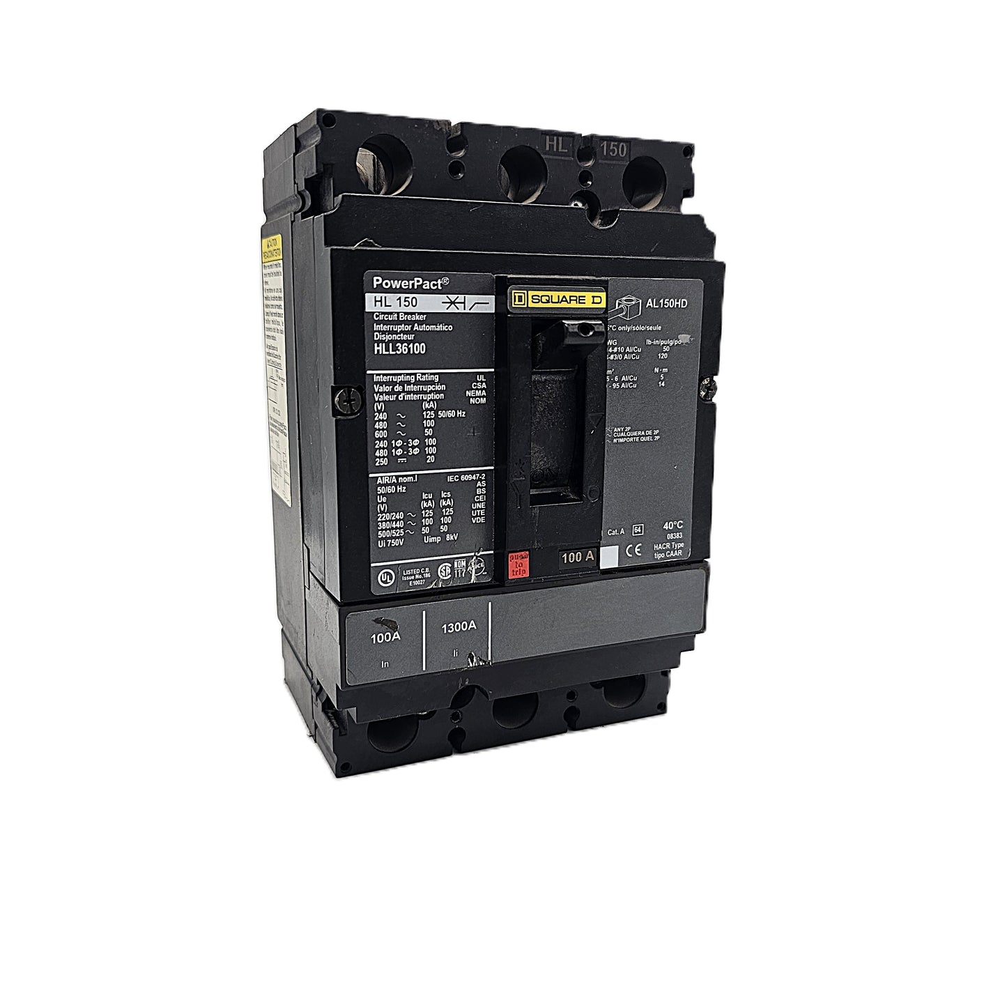 Square D HLL36100 Circuit Breaker 3-Pole, 100 Amp, 600V AC, PowerPact HL Frame