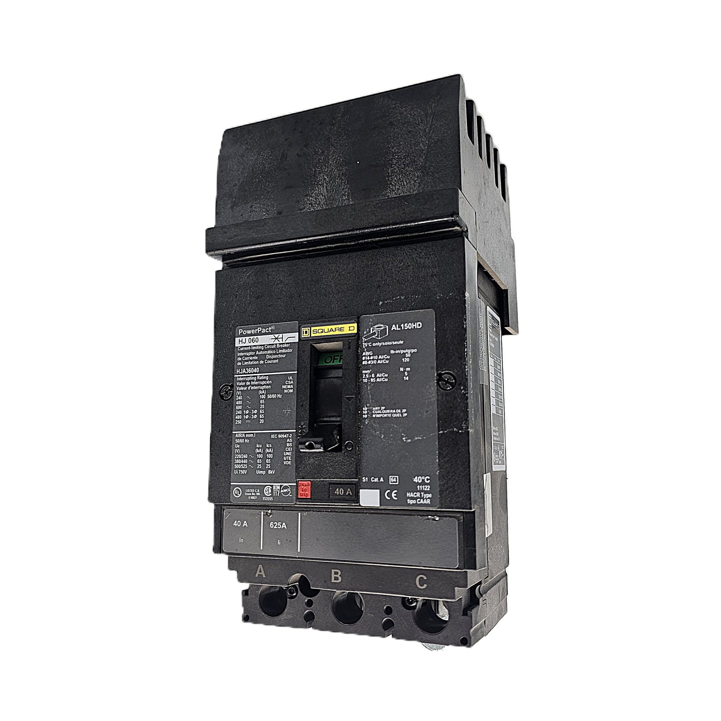 Square D HJA36040 Circuit Breaker 3-Pole, 40 Amp, 600V AC, PowerPact HJ Frame