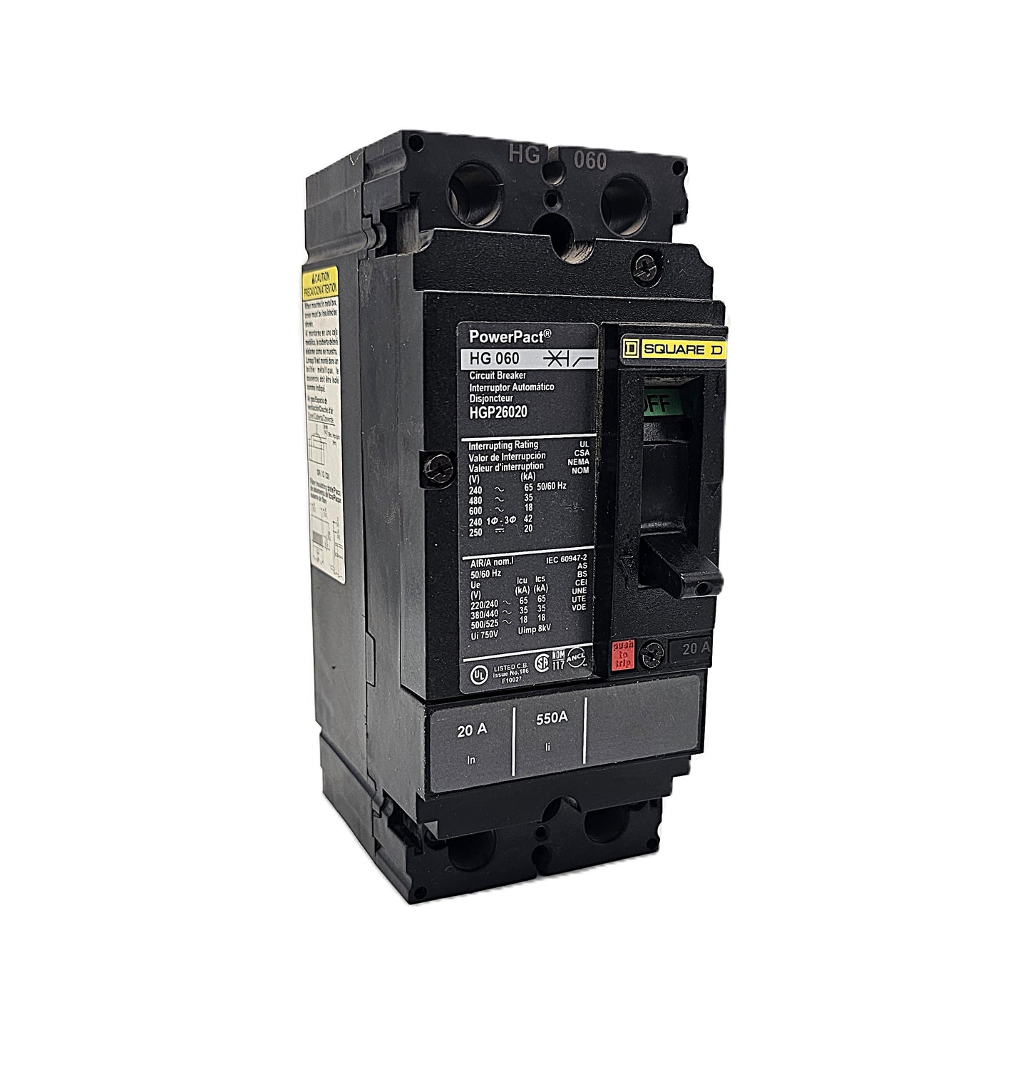 Square D HGP26020 Circuit Breaker 2-Pole, 20 Amp, 600V AC, PowerPacT HG-Frame