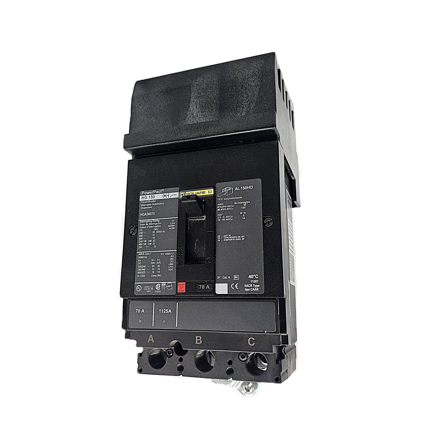 Square D HGA36070 Circuit Breaker 3-Pole, 70 Amp, 600V AC, PowerPact HG-Frame