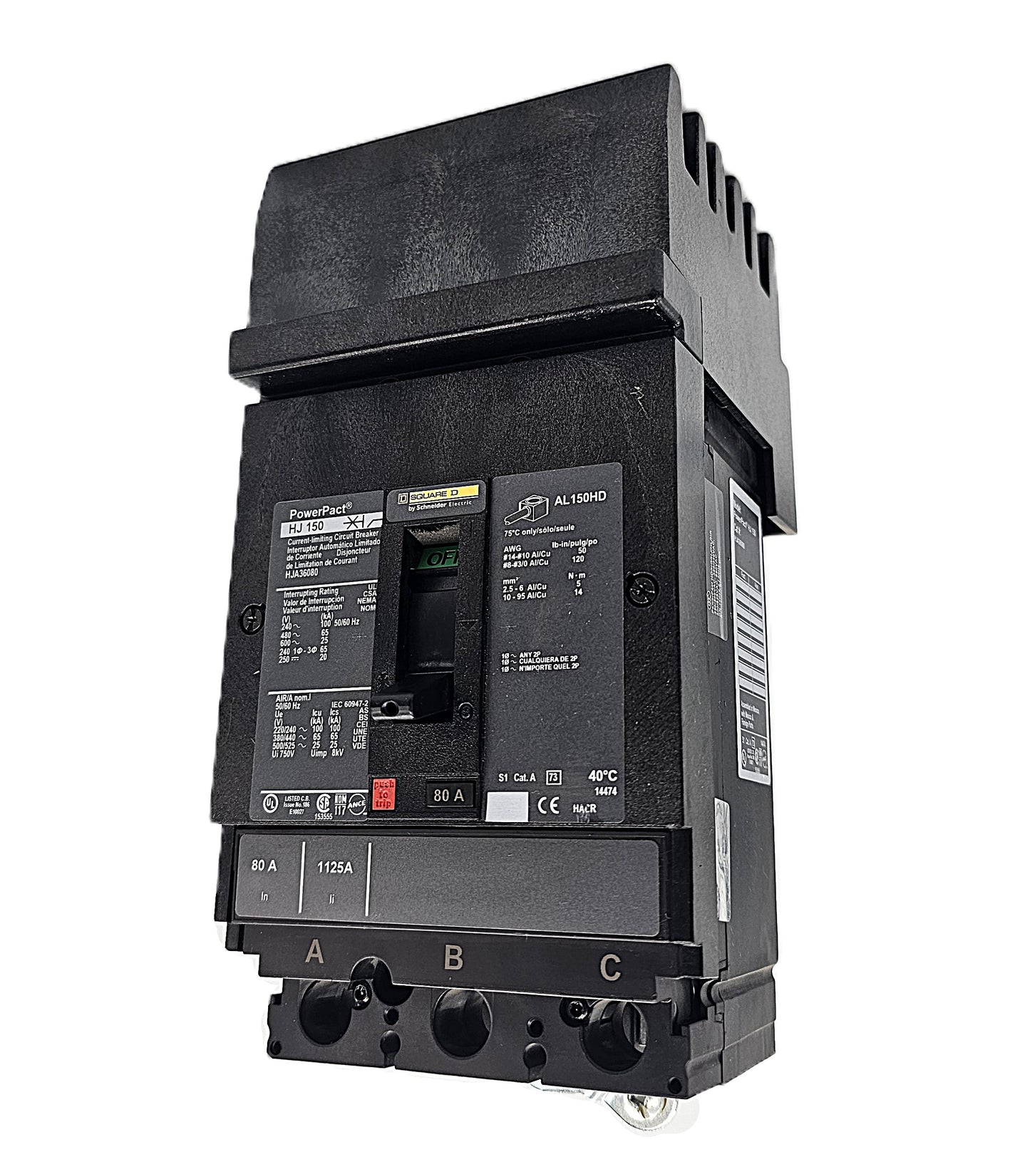 Square D HGA36080 Circuit Breaker 3-Pole, 80 Amp, 600V AC, PowerPact HJ-Frame