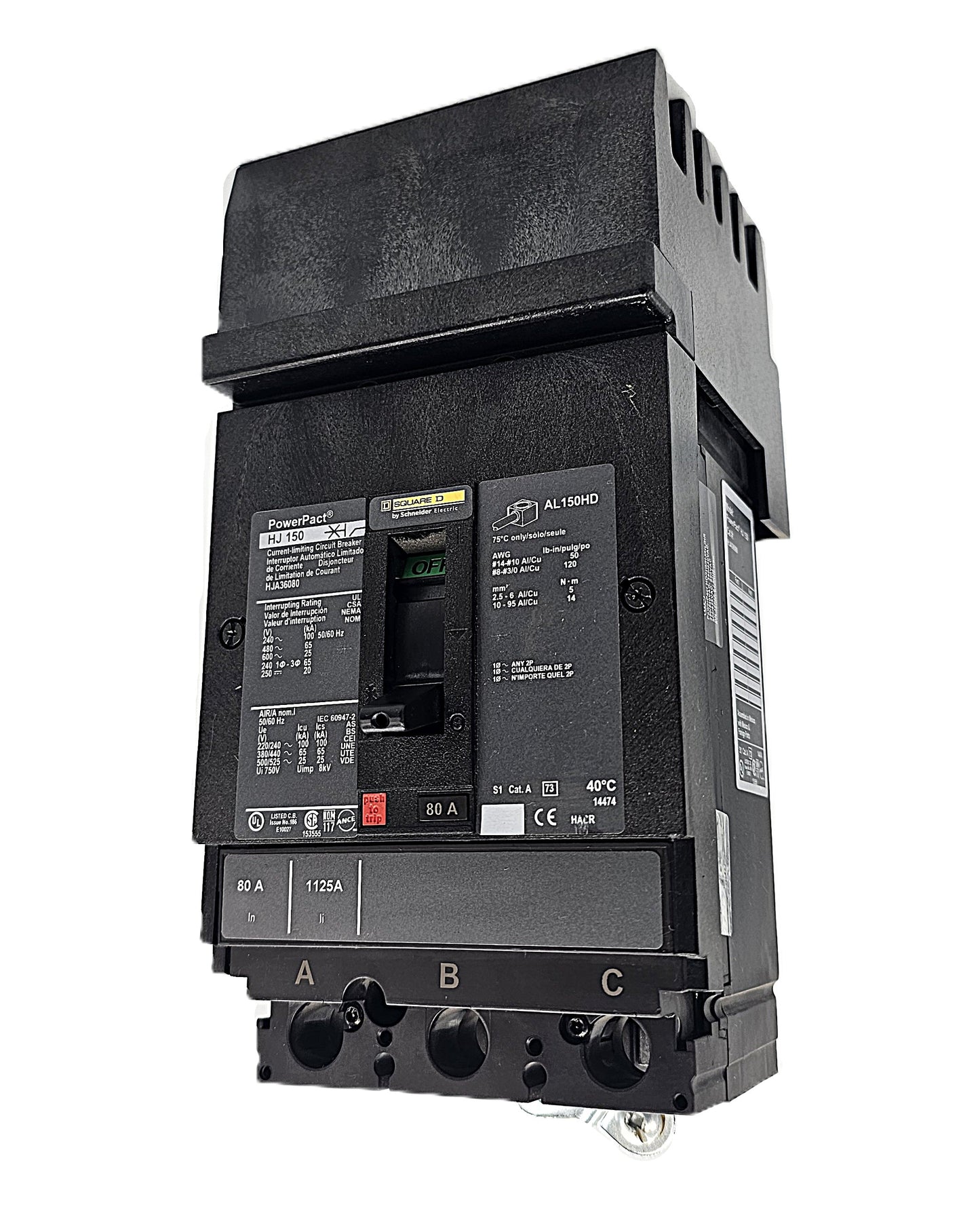 Square D HJA36080 Circuit Breaker 3-Pole, 80 Amp, 600V AC, PowerPact HJ-Frame