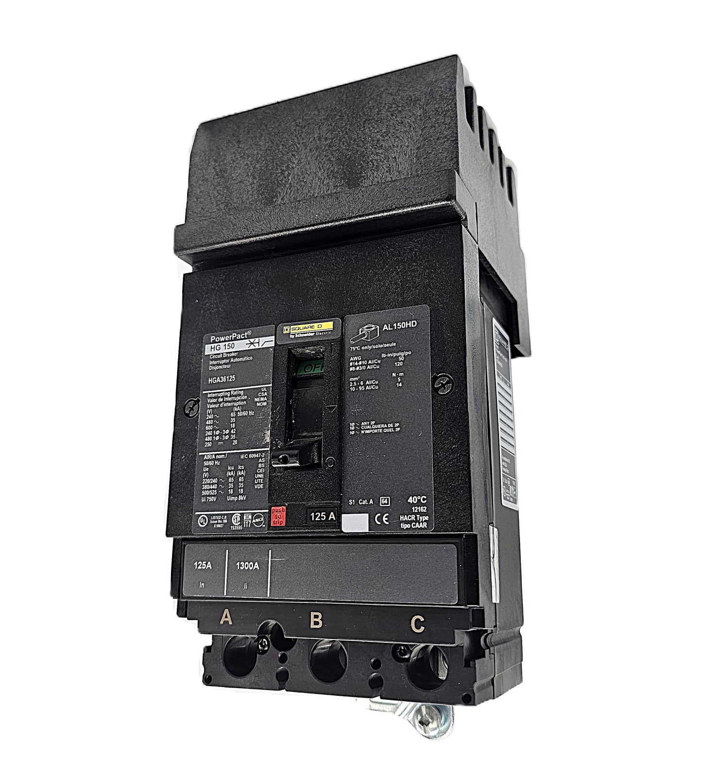 Square D HGA36125 Circuit Breaker 3-Pole, 125 Amp, 600V AC, PowerPacT HG-Frame