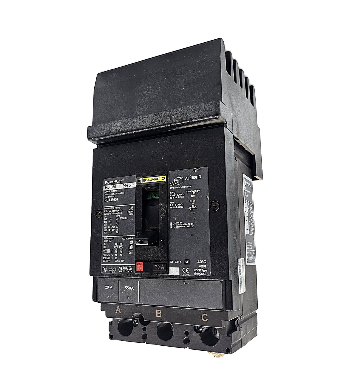 Schneider Electric PowerPact HDA36020 Circuit Breaker 3-Pole, 20 Amp, 600V AC, Thermal Magnetic, HD Frame