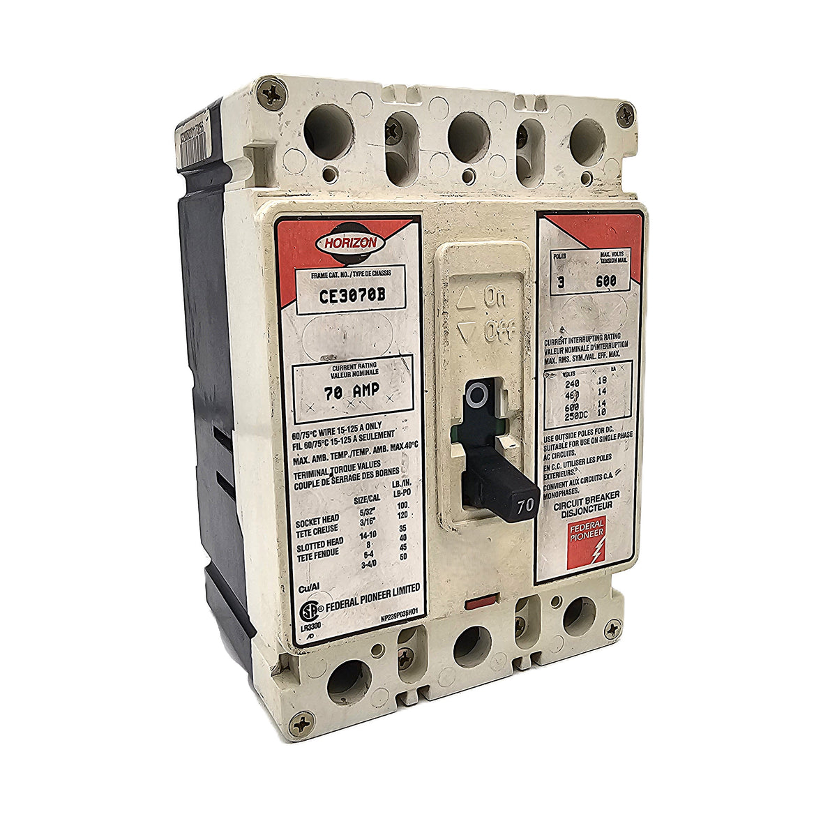Horizon / Square D CE3040B Circuit Breaker 3-Pole, 70 Amp, 600V AC, Thermal Magnetic, CE Frame