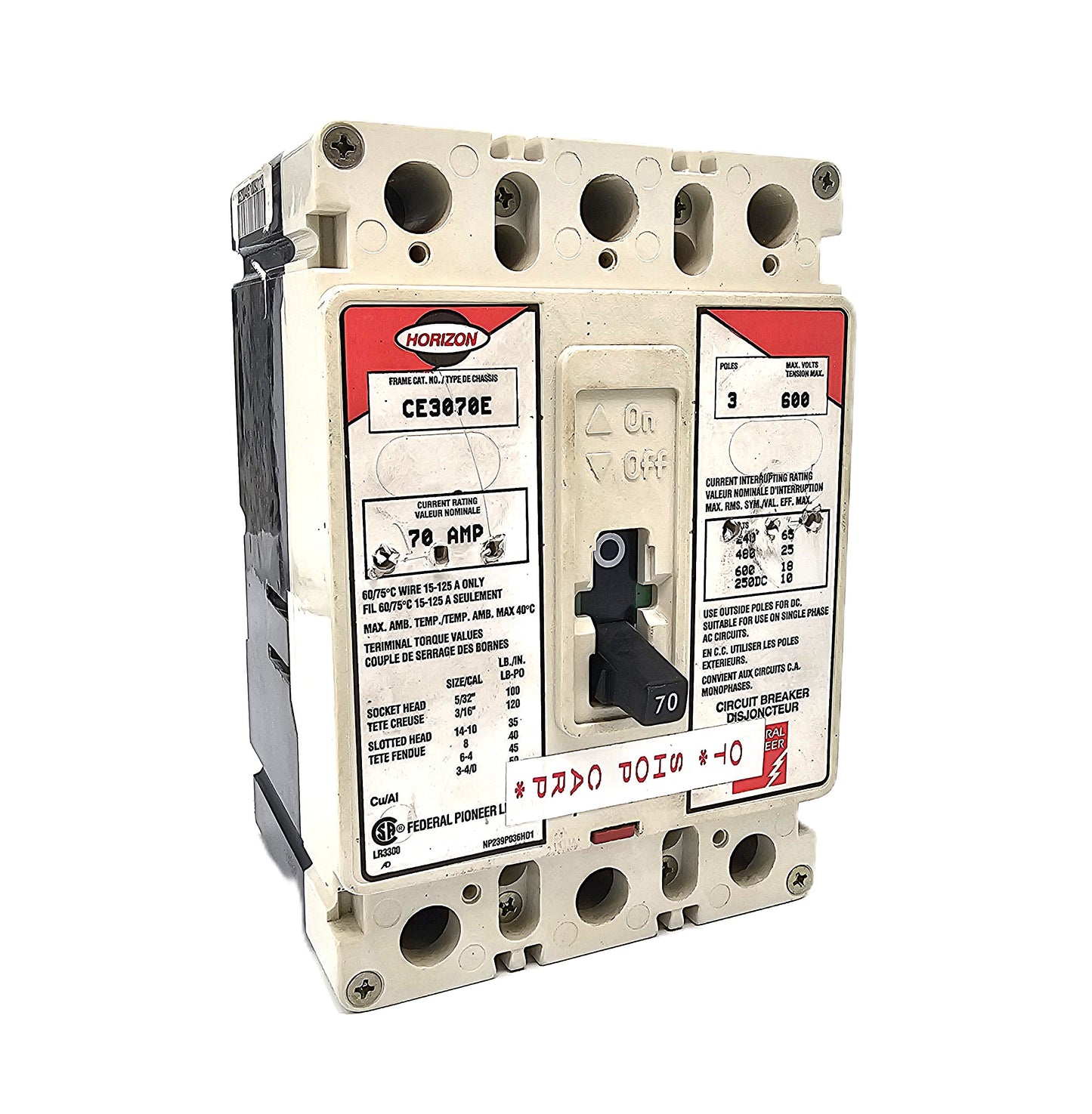 Horizon / Square D CE3070E Circuit Breaker 3-Pole, 70 Amp, 600V AC, Thermal Magnetic, CE Frame