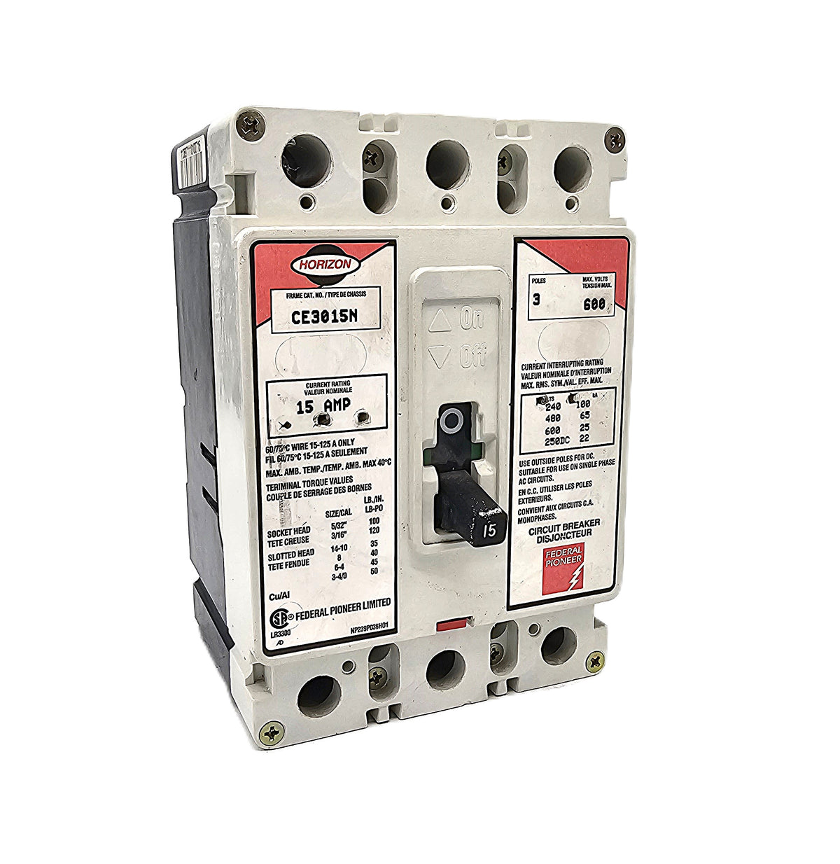 Horizon / Federal Pioneer CE3015N Circuit Breaker 3-Pole, 15 Amp, 600V AC, Thermal Magnetic, CE Frame