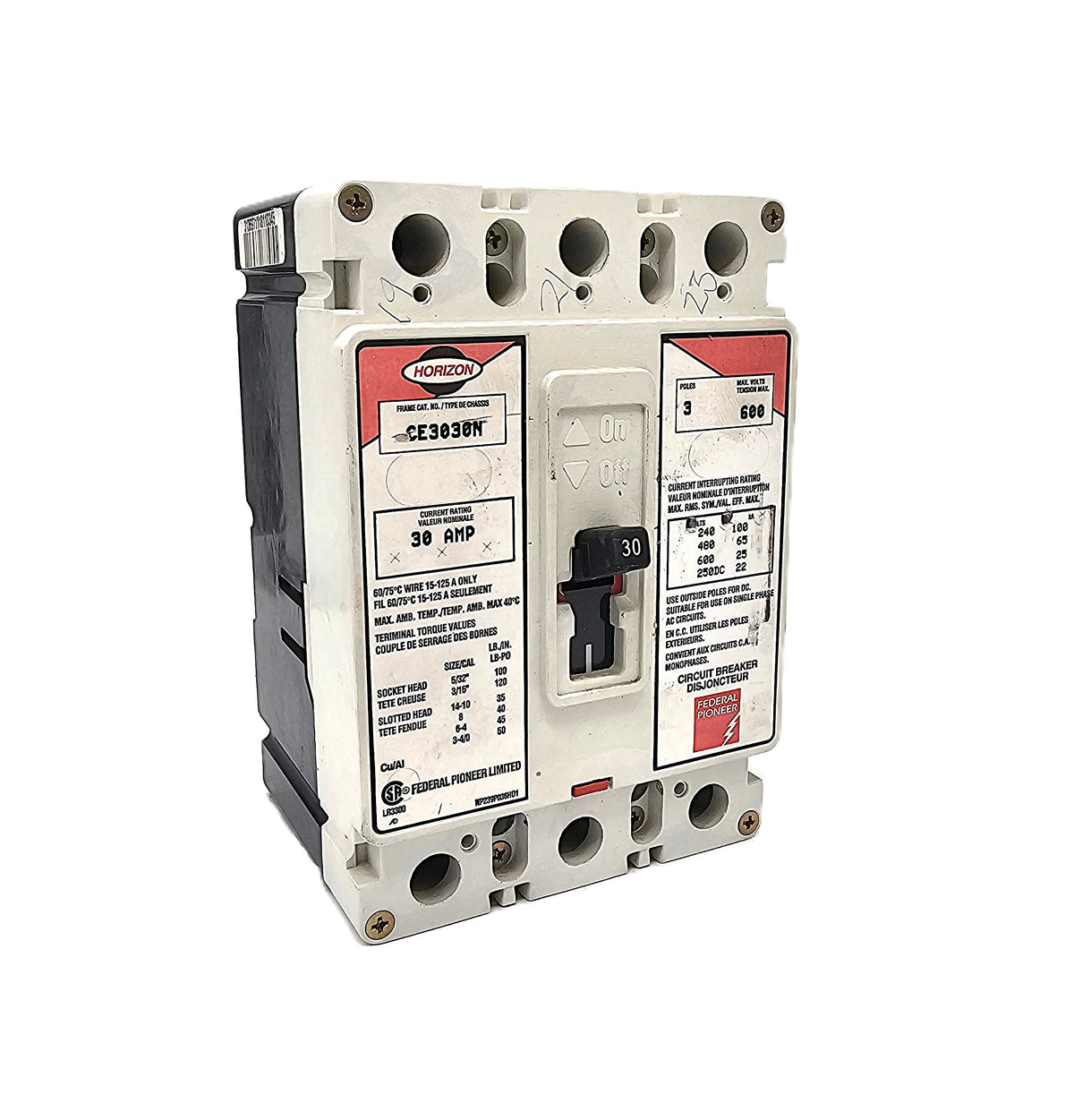 Horizon / Federal Pioneer CE3030N Circuit Breaker 3-Pole, 30 Amp, 600V AC, Thermal Magnetic, CE Frame