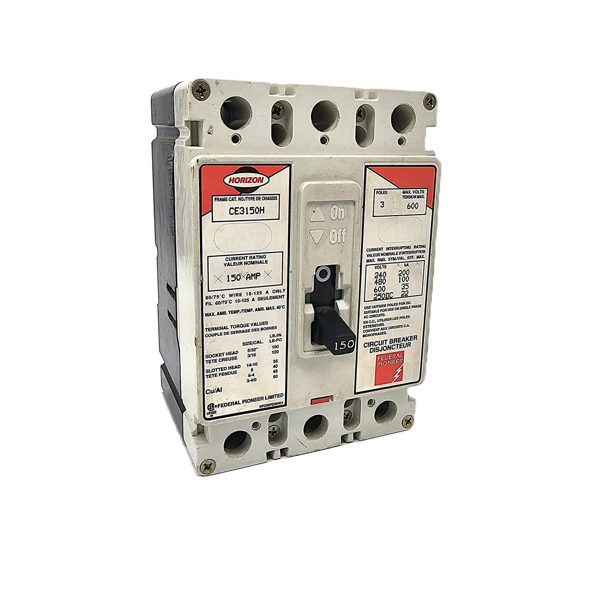 Horizon / Federal Pioneer CE3150H Circuit Breaker 3-Pole, 150 Amp, 600V AC, Bolt-On, CE Frame