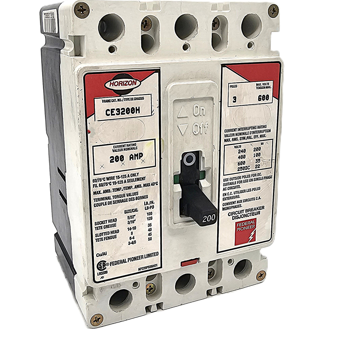 Horizon / Federal Pioneer CE3200H Circuit Breaker 3-Pole, 200 Amp, 600V AC, Bolt-On, CE Frame