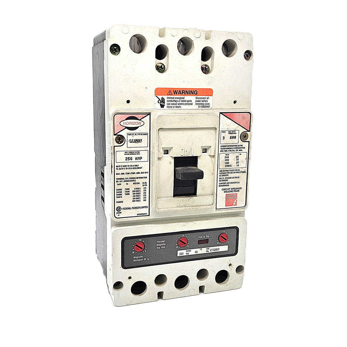 Horizon / Federal Pioneer CJL3250EF Circuit Breaker 3-Pole, 250 Amp, 600V AC Max, Adjustable Trip, CAJ Frame