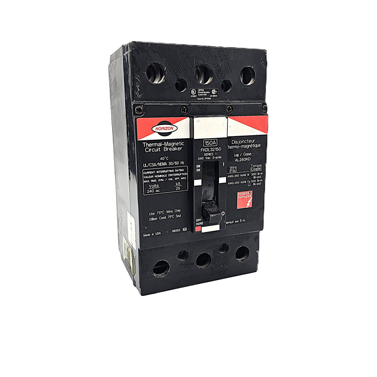 Horizon / Federal Pioneer FKDL32150 Circuit Breaker 3-Pole, 150 Amp, 240V AC Max, FKDL Frame, Thermal-Magnetic