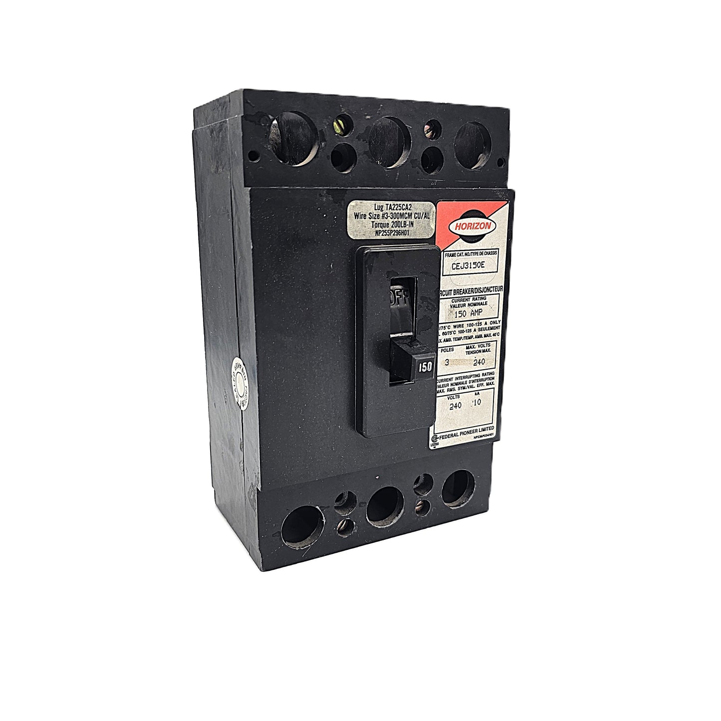 Federal Pioneer Horizon CEJ3150E Circuit Breaker 3-Pole, 150 Amp, 240V AC Max, CEJ Frame, Thermal-Magnetic