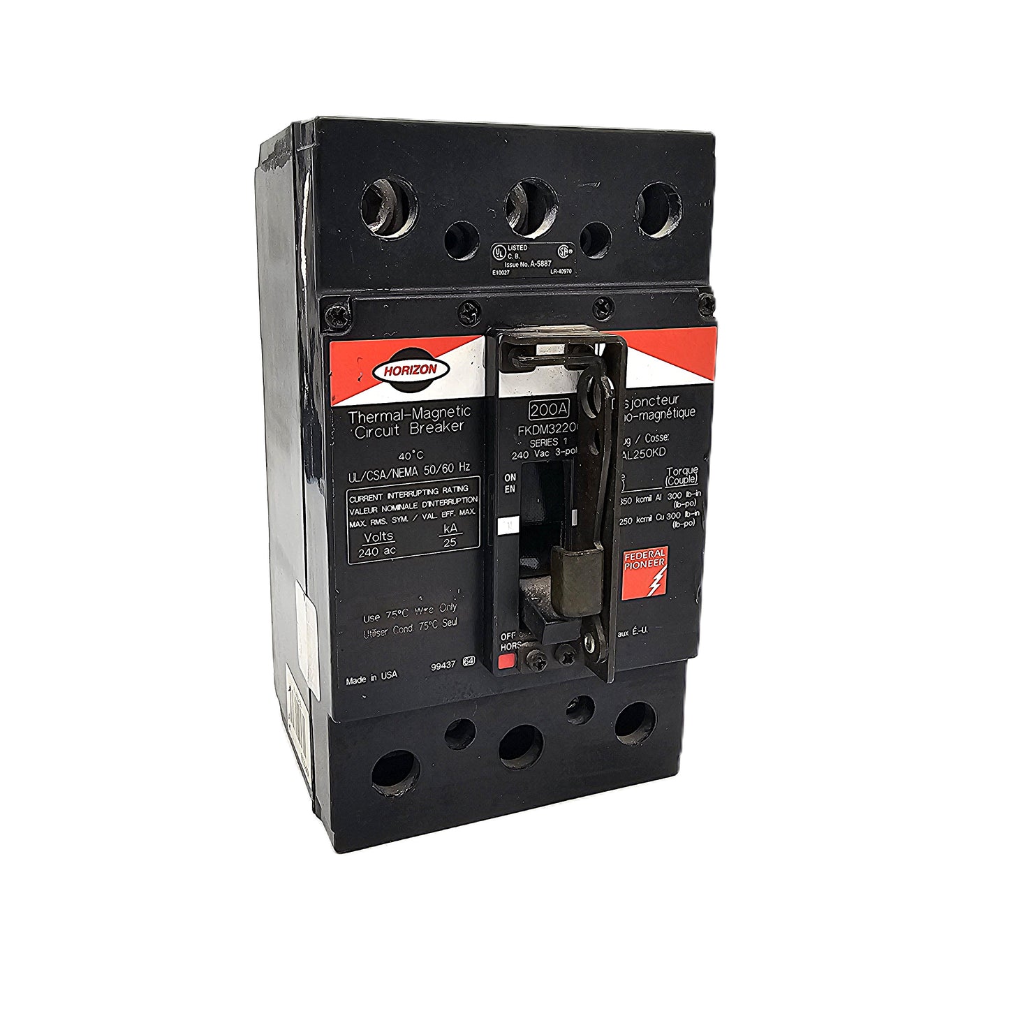 Federal Pioneer Horizon FKDM32200 Circuit Breaker 3-Pole, 200 Amp, 240V AC, Series 2, Thermal-Magnetic