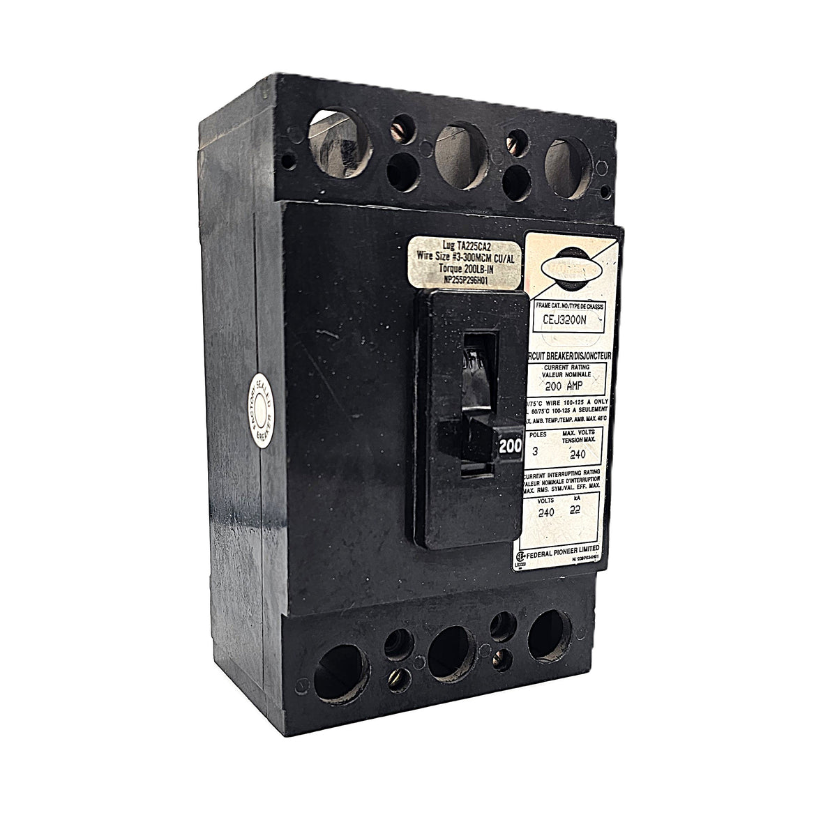 Horizon Federal Pioneer CEJ3200N Circuit Breaker 3-Pole, 200 Amp, 240V AC, CEJ Frame