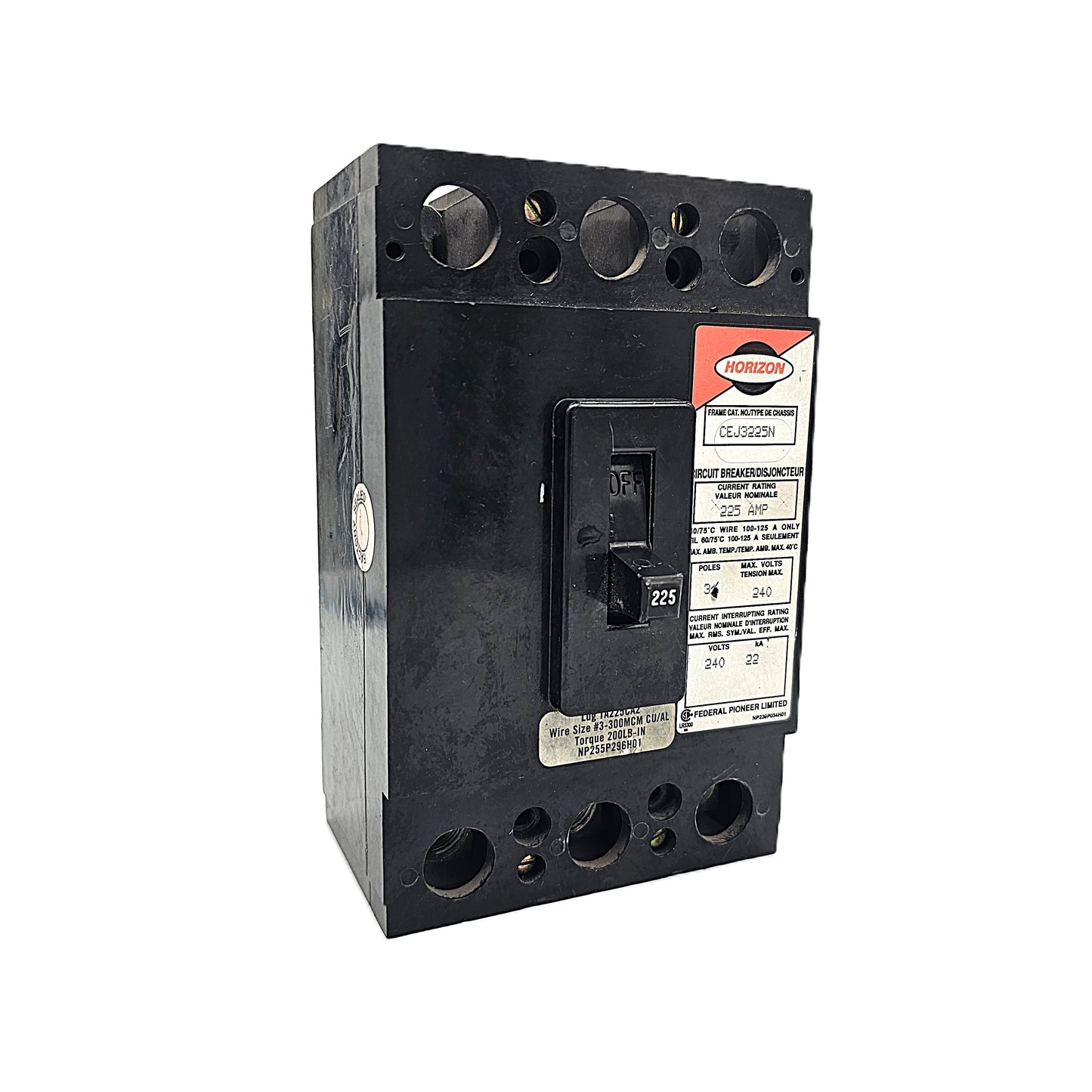 Horizon Federal Pioneer CEJ3225N Circuit Breaker 3-Pole, 225 Amp, 240V AC, CEJ Frame