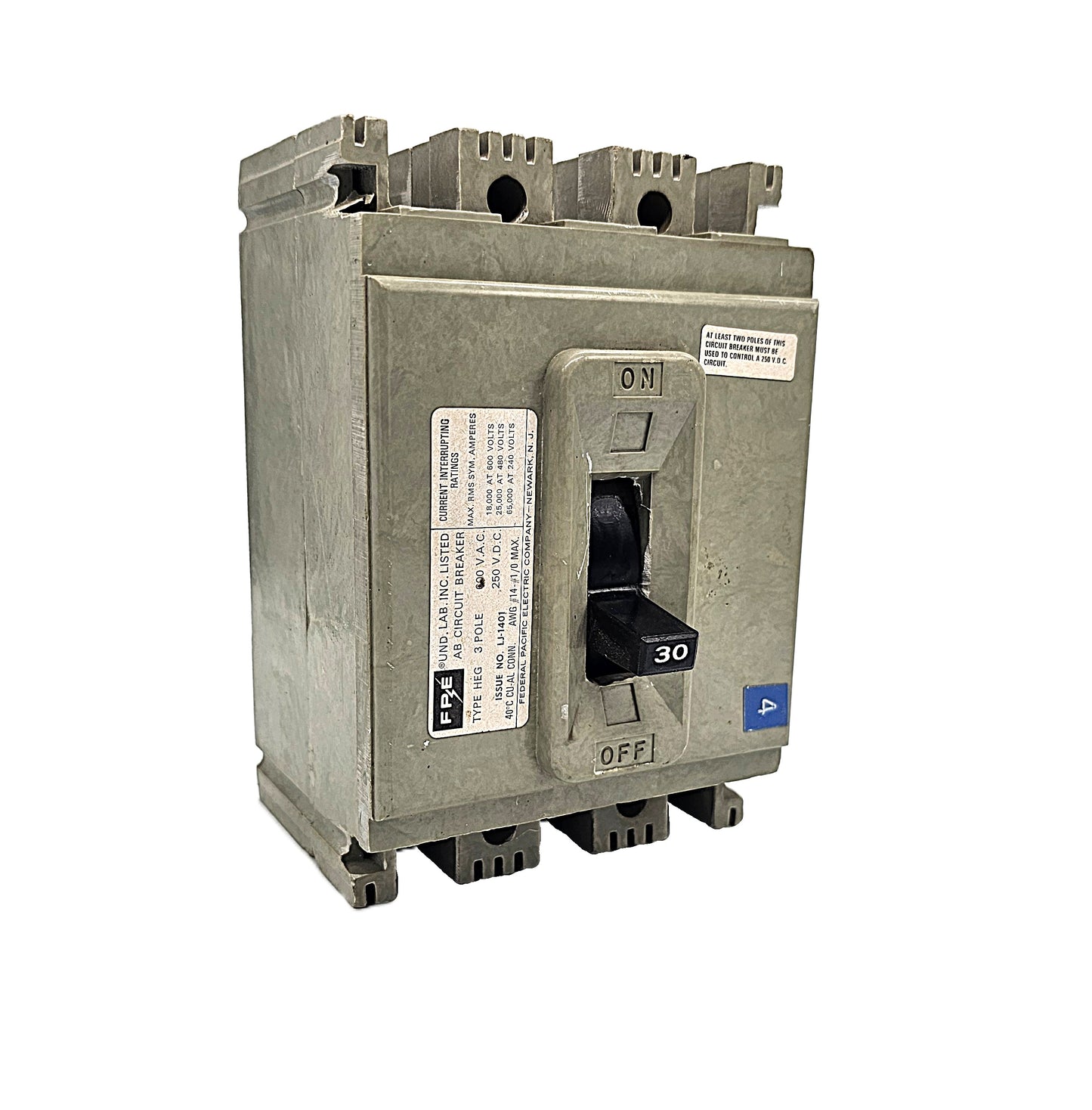 Federal Pioneer FPE HEG631030 Circuit Breaker 3-Pole, 30 Amp, 600V AC, Bolt-On, HEG Frame