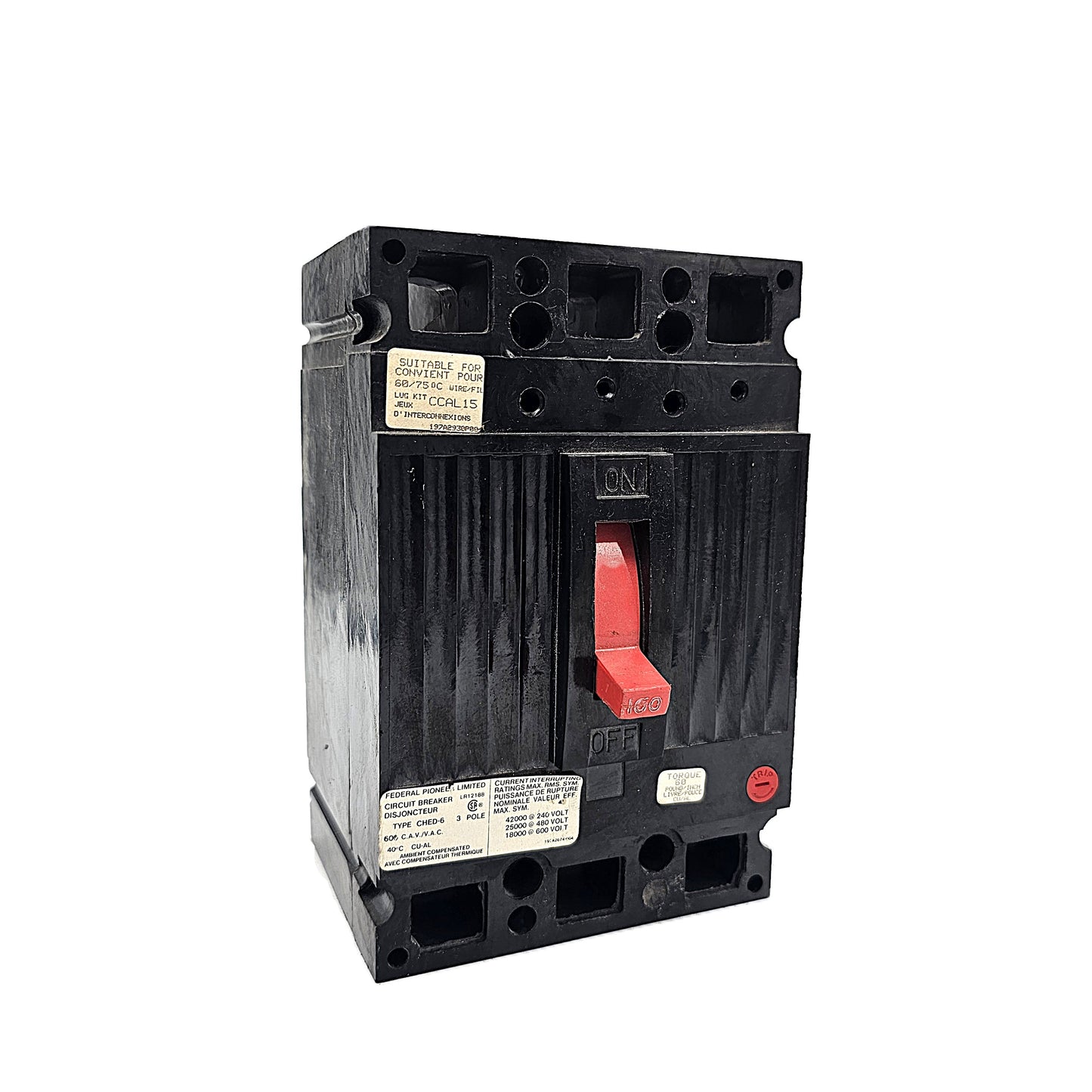 Federal Pioneer FPE CHED136150 Circuit Breaker 3-Pole, 150 Amp, 600V AC, Bolt-On, CHED6 Frame, Red Handle