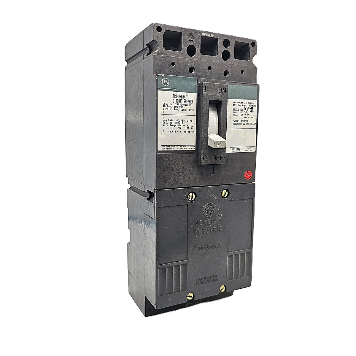 General Electric TB13040BWE05 Circuit Breaker 3-Pole, 40 Amp Frame, 600V AC, 250V DC, Bolt-On, TJK Frame – Tri-Break Series