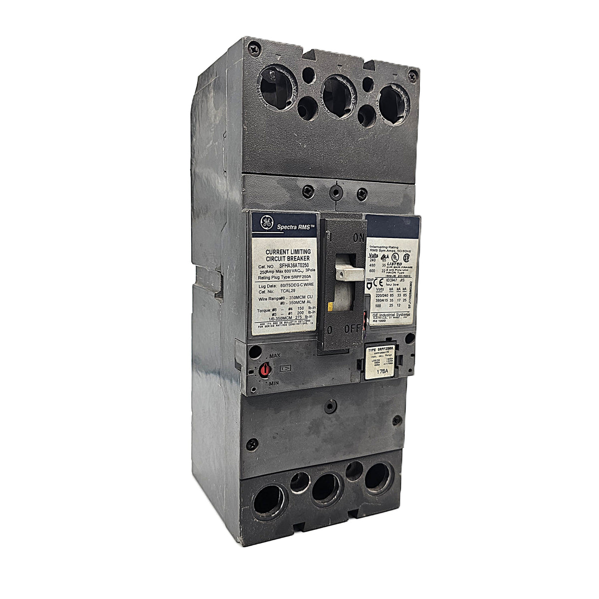 General Electric Spectra SFPA36AT0250 Current Limiting Circuit Breaker 3-Pole, 250 A with 175 A trip unit, 600V AC, SFPA