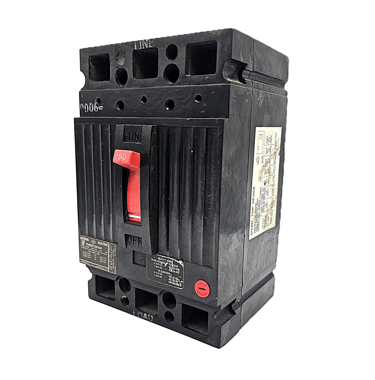 General Electric THED136150 Circuit Breaker 3-Pole, 150 Amp, 600V AC, Bolt-On, THED Frame