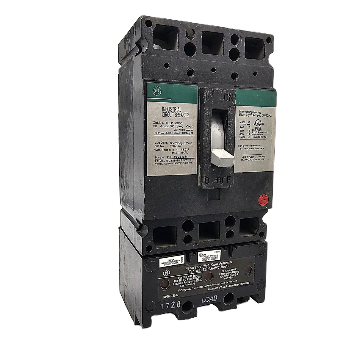 General Electric TED136030 Industrial Circuit Breaker 3-Pole, 30 Amp, 600V AC, Bolt-On, TED Frame