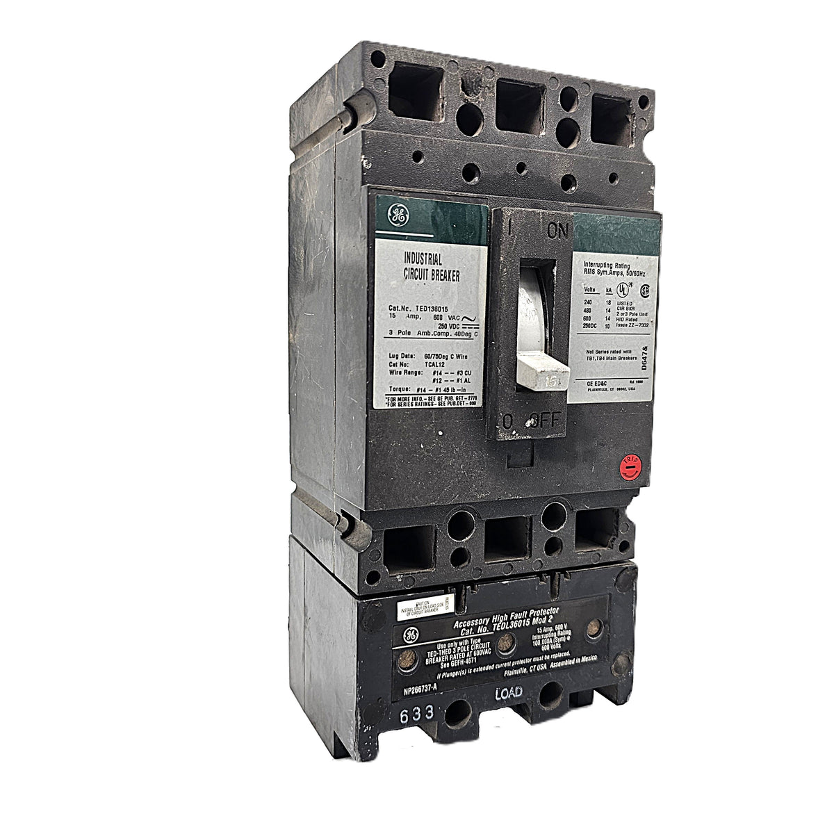 General Electric TED136030Industrial Circuit Breaker 3-Pole, 30 Amp, 600V AC, Bolt-On, with high fault protector