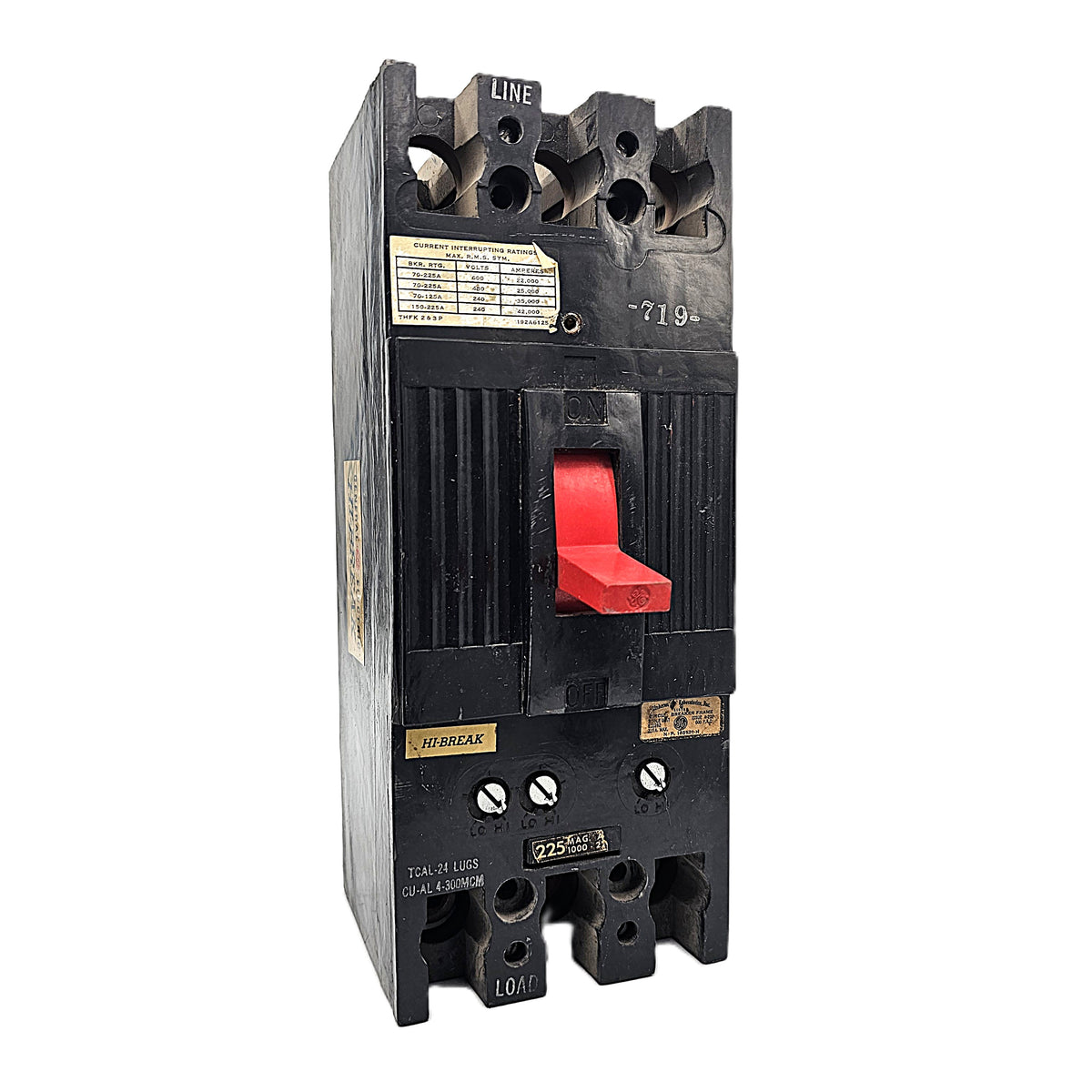 General Electric Hi-Break THFK236225 Circuit Breaker 3-Pole, 225 Amp, 600V AC, Bolt-On, Hi-Break Frame