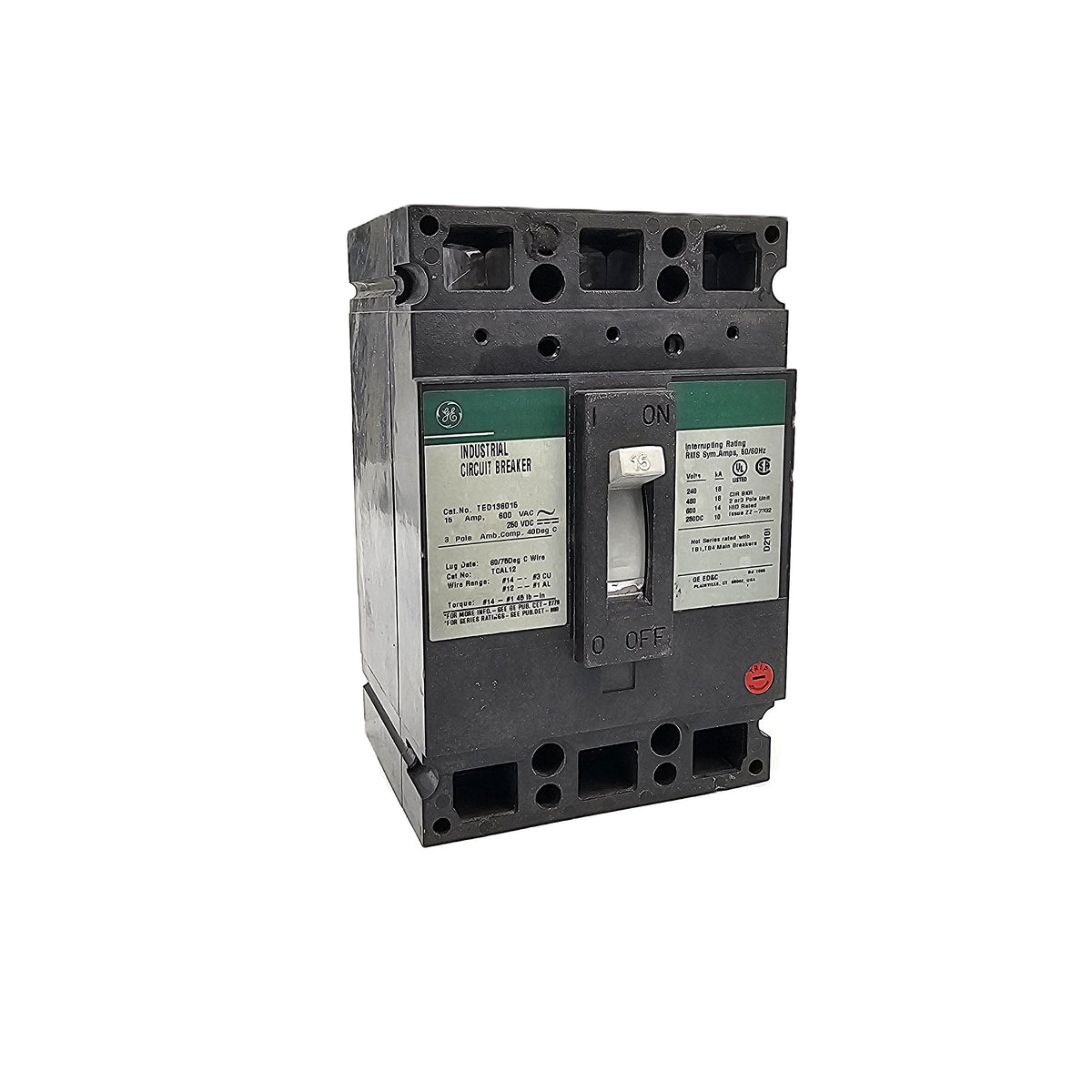 General Electric TED136015 Circuit Breaker 3-Pole, 15 Amp, 600V AC, Bolt-On, TED Frame
