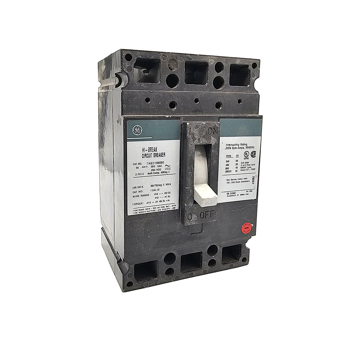 General Electric THED136050 Circuit Breaker 3-Pole, 50 Amp, 600V AC, Bolt-On, Hi-Break TED Frame