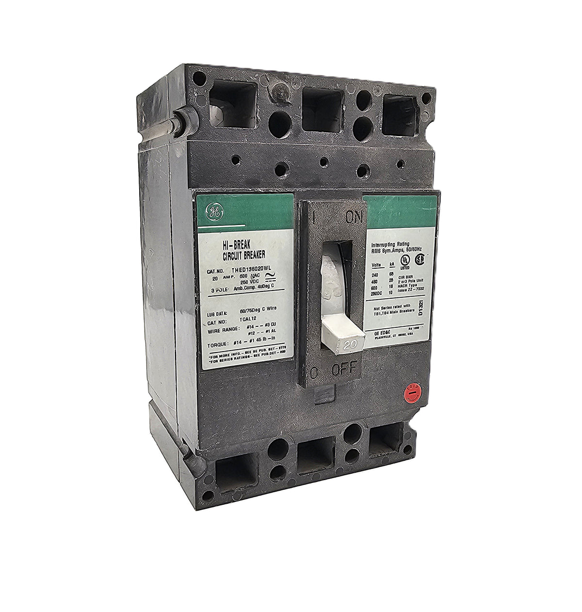 General Electric THED136020 Circuit Breaker 3-Pole, 20 Amp, 600V AC, Hi-Break, TED Frame, Bolt-On