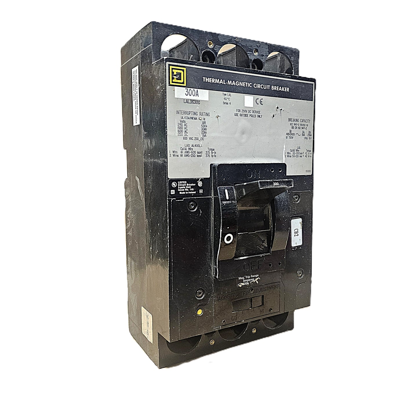 Square D LAL36300 Circuit Breaker 3-Pole, 300 Amp, 600V AC, Thermal Magnetic, LA Frame
