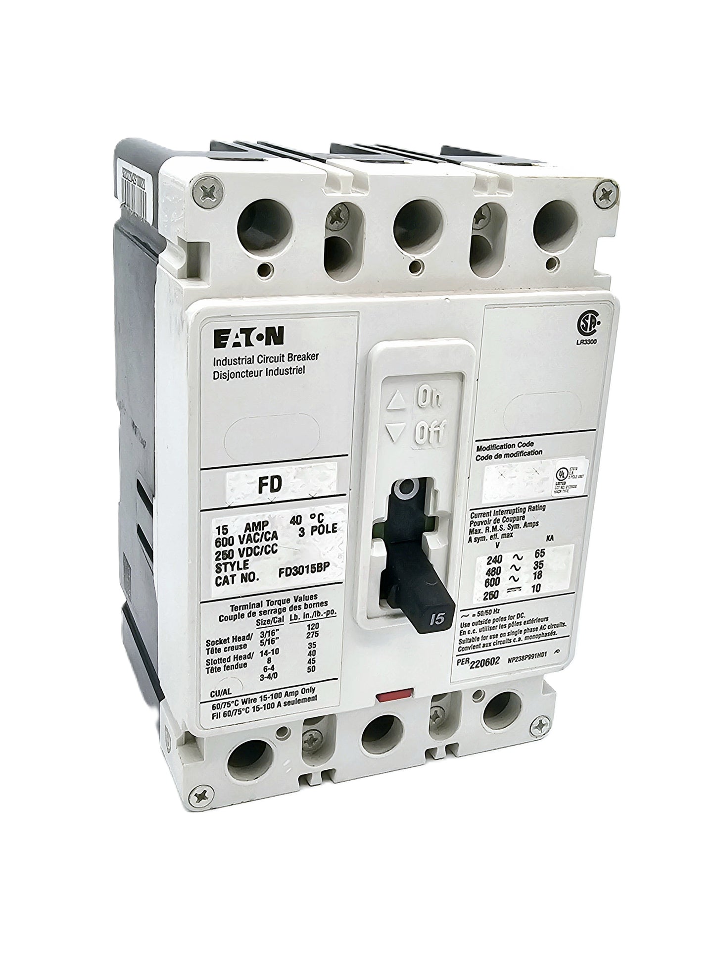 Eaton FD3015BP Industrial Circuit Breaker 3-Pole 15Amps 600Vac 250 VDC