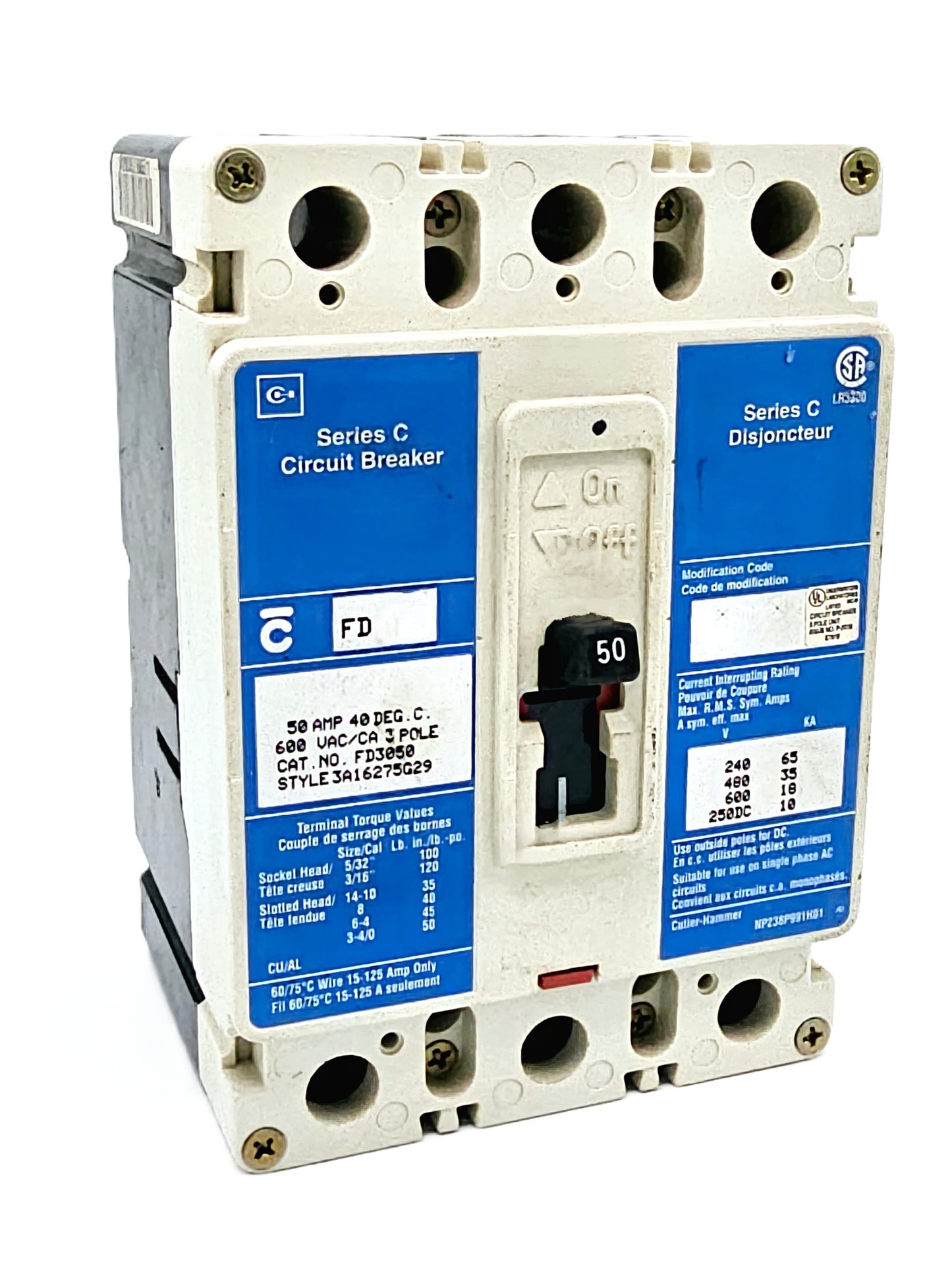 Eaton FD3050 Series C Circuit Breaker 3-pole, 50 Amp 600 VAC / 250 VDC Bolt-On