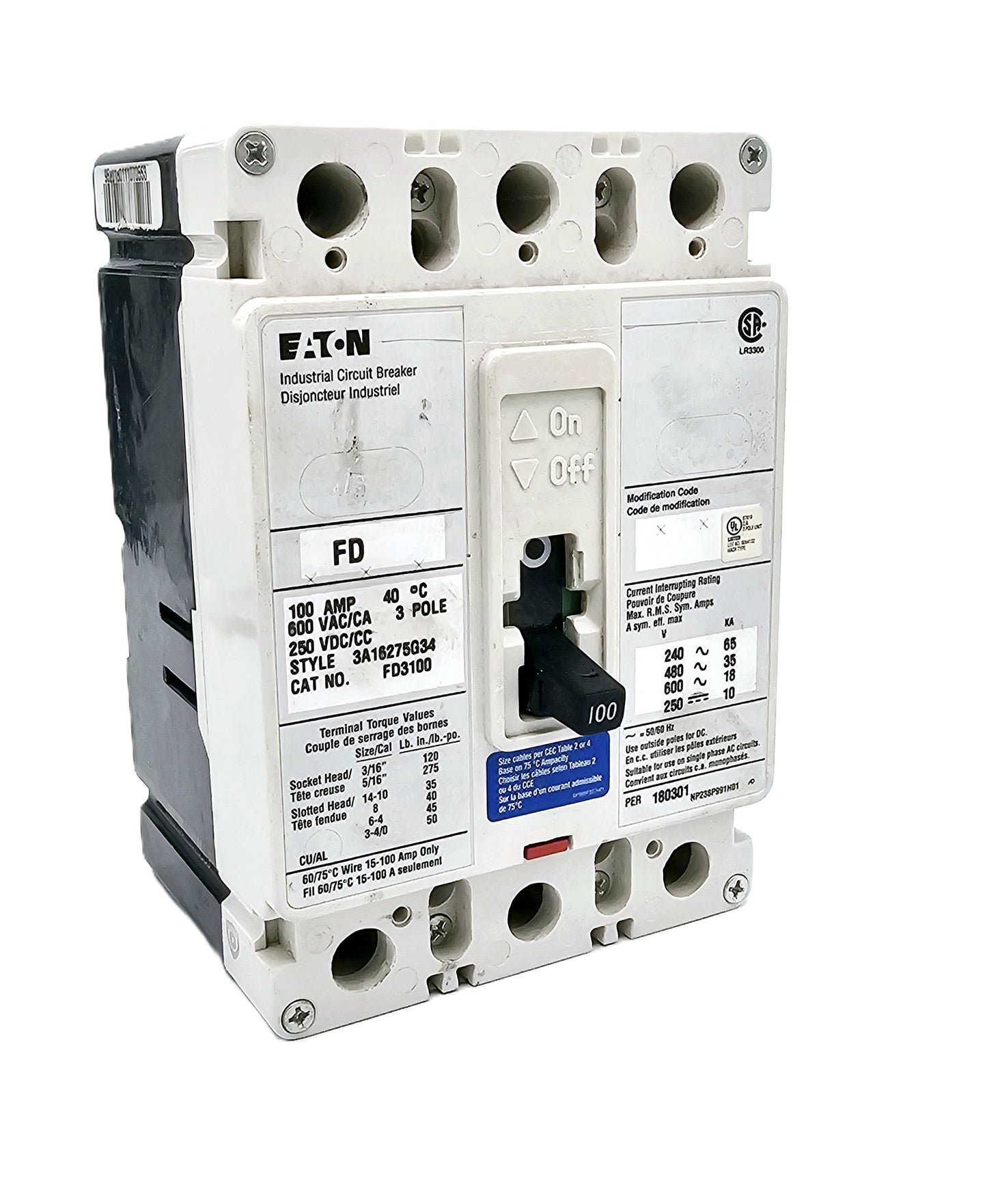 Eaton FD3100 Industrial Circuit Breaker 3-pole, 100 Amp 3-Pole 600 VAC / 250 VDC Bolt-On