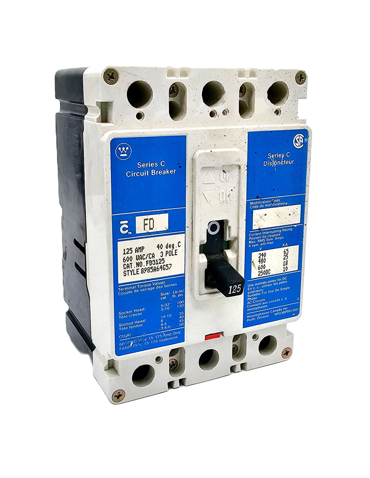 Cutler-Hammer FD3125 Series C Circuit Breaker 125 Amp, 3-pole 600 VAC / 250 VDC Bolt-On