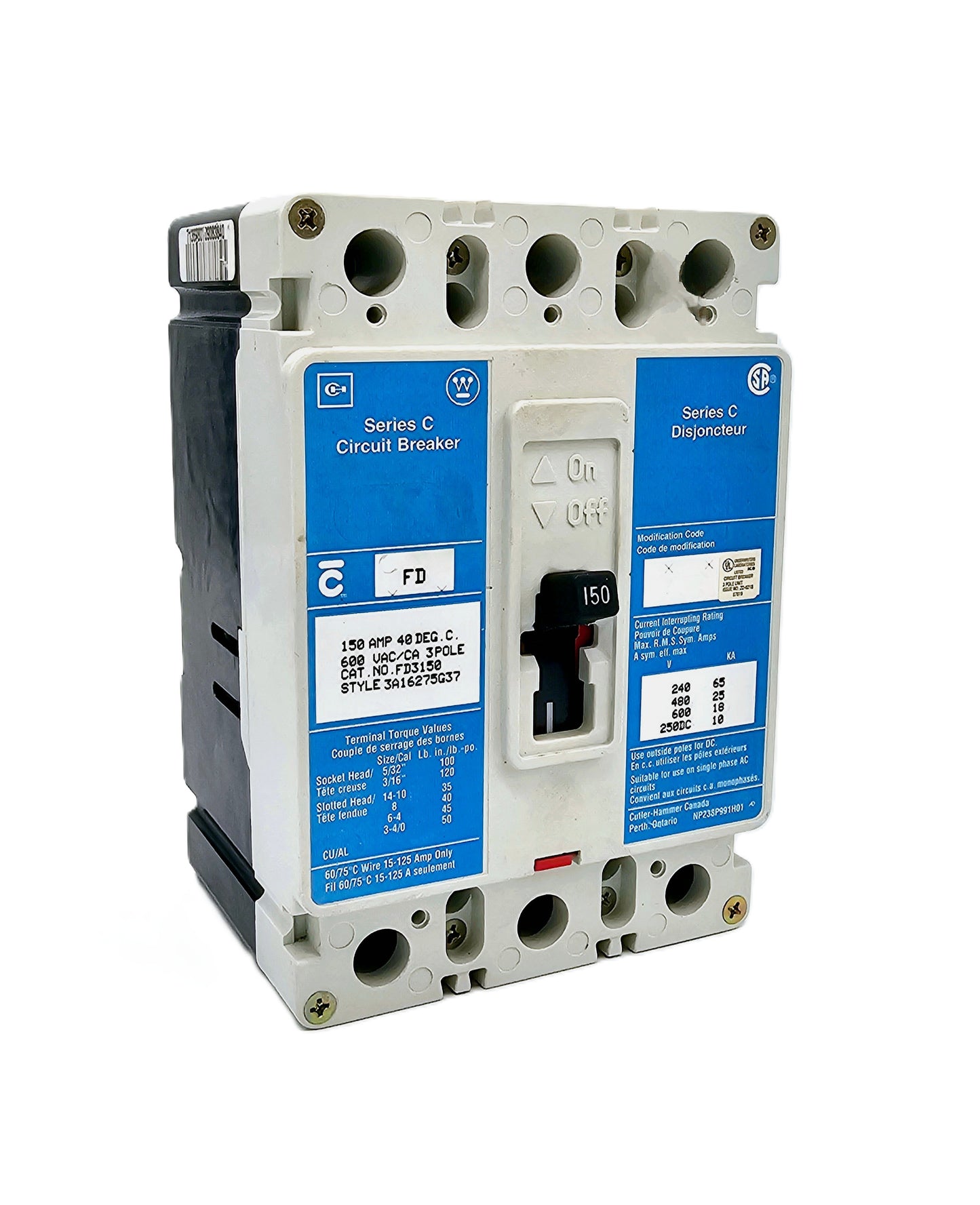 Eaton FD3150 Series C Circuit Breaker 150 Amp, 3-pole thermal-magnetic trip unit 600 VAC / 250 VDC Bolt-On