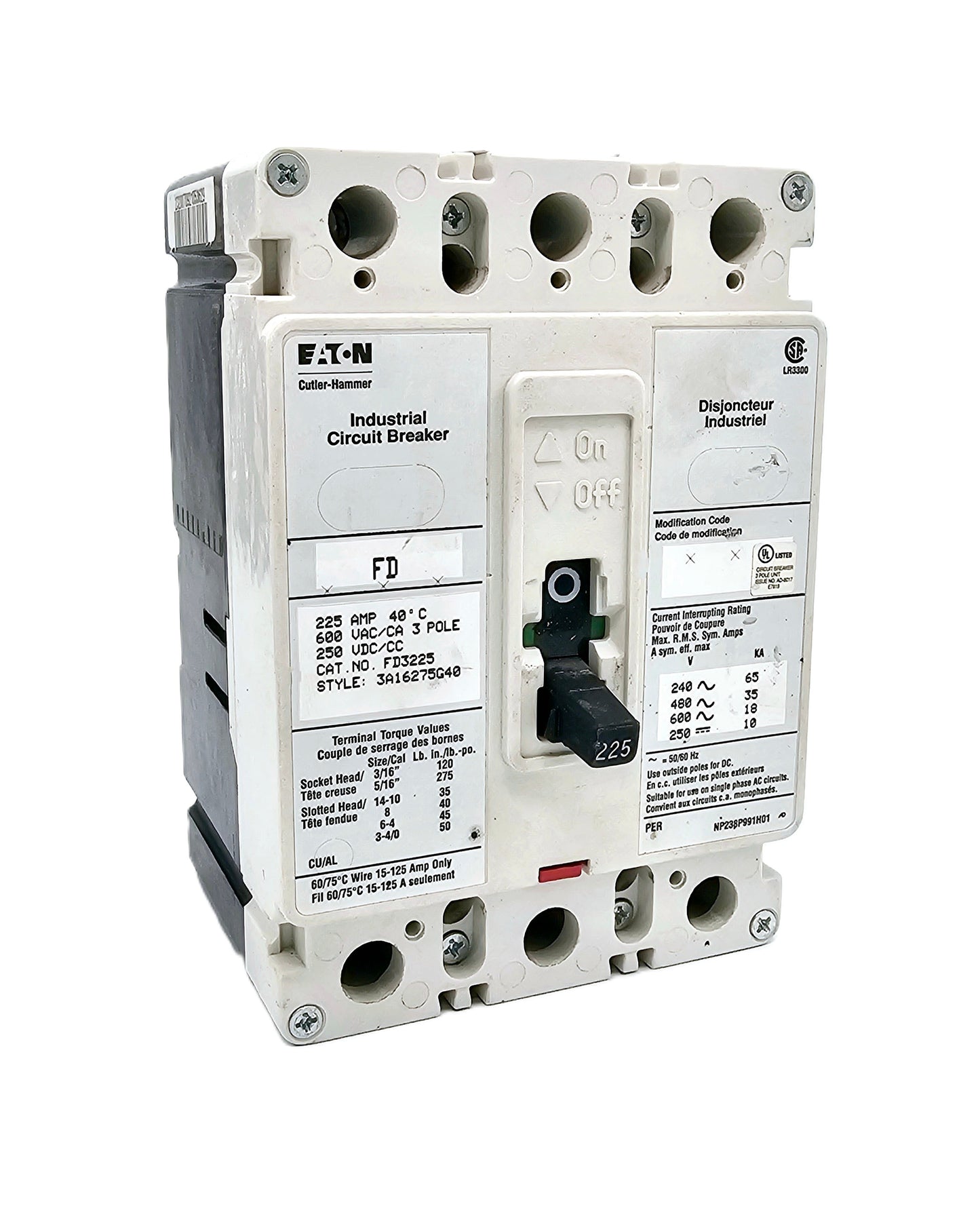 Eaton Cutler-Hammer FD3225 Industrial Circuit Breaker 225Amps 3-Pole 600VAC/250VDC Bolt-On