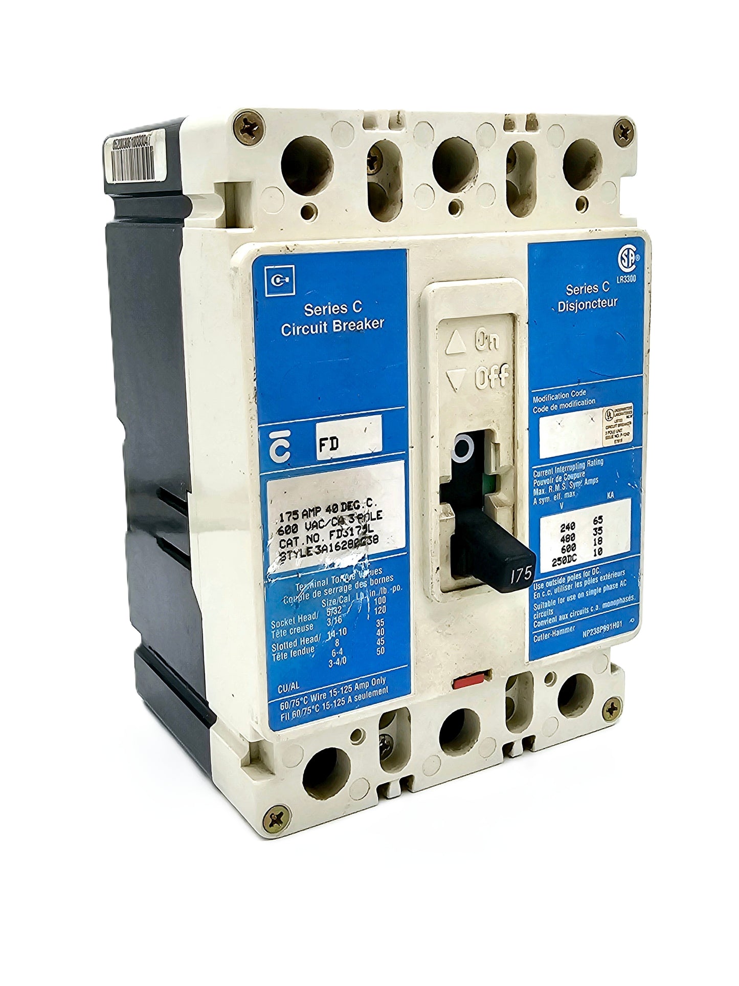 Eaton Cutler-Hammer FD3175L Series C Industrial Circuit Breaker 175Amps 3-Pole 600Vac/250VDC Bolt-On