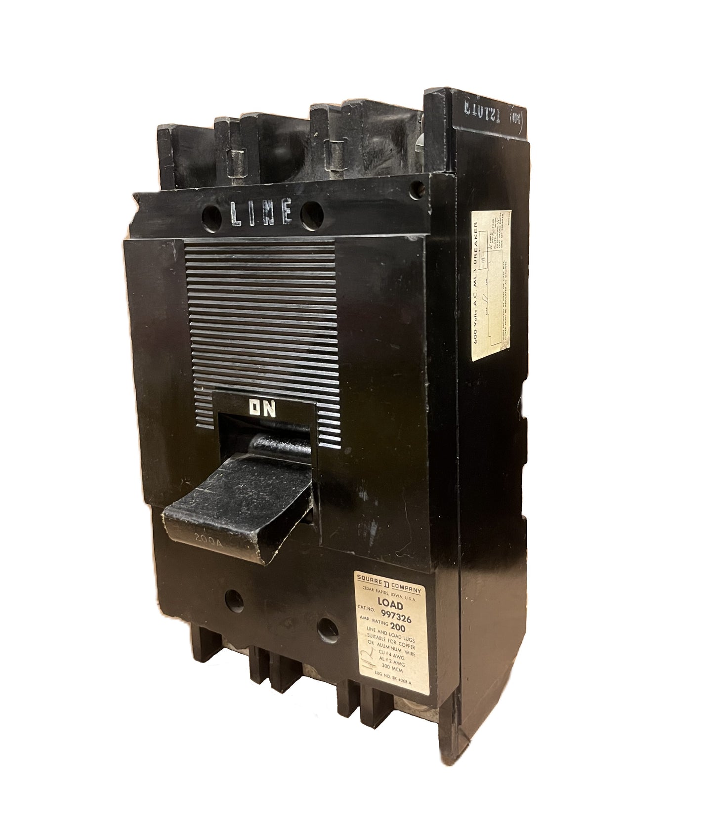 Square D 997326 Circuit Breaker 3-Pole, 200 Amp, 600V AC, Thermal Magnetic, 999 Frame