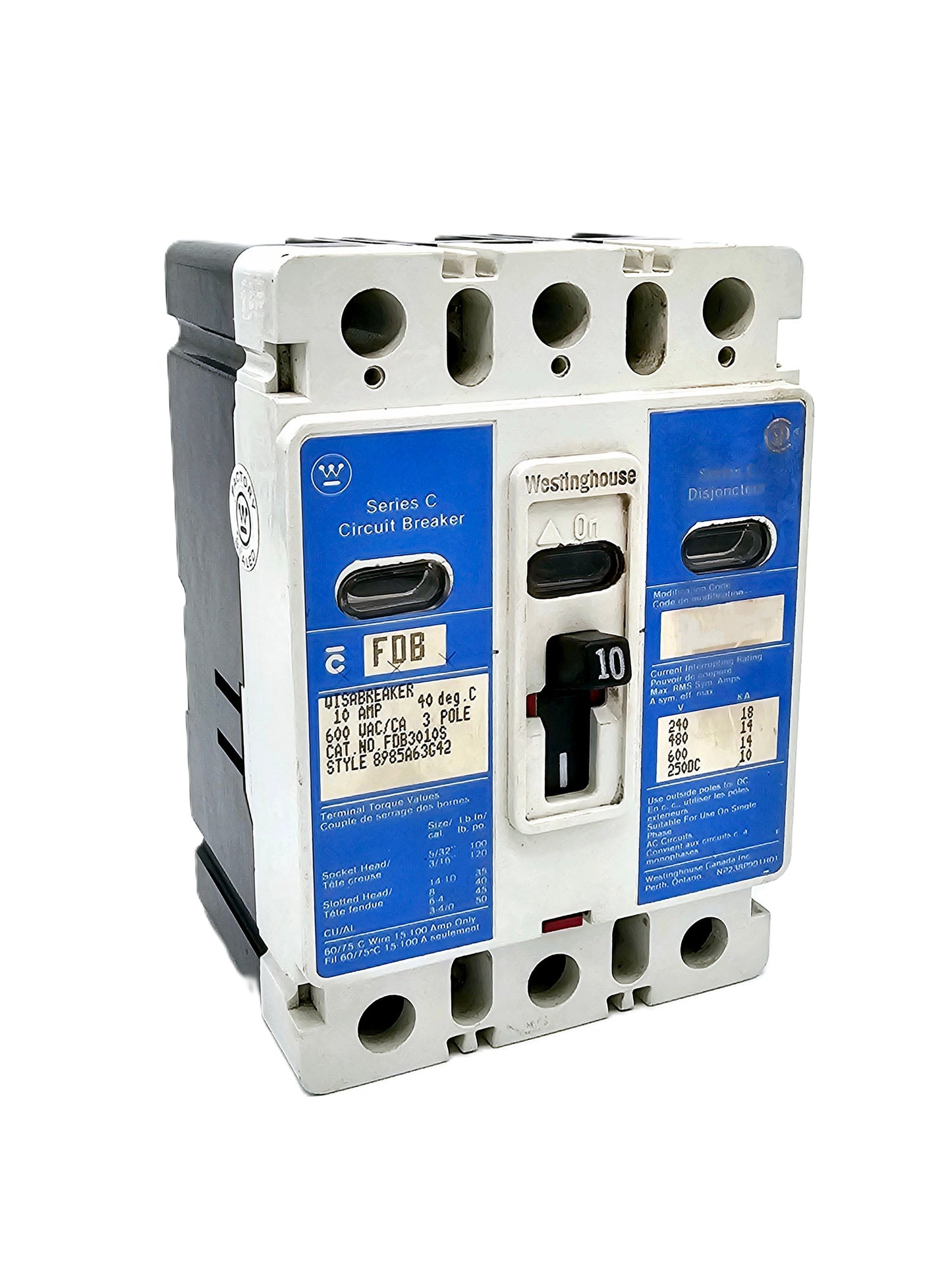 Eaton Westinghouse FDB3010S Series C  10AMPS 3-Pole 600VAC Bolt-On