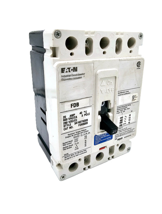 Eaton FDB3020 Industrial Circuit Breaker part of the FD Frame / Series C 20AMPS 3-Pole 600VAC Bolt-On