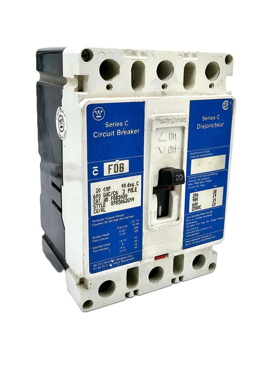 Westinghouse Series C Circuit Breaker, FDB3020, 20AMPS 3-Pole 600VAC Bolt-On