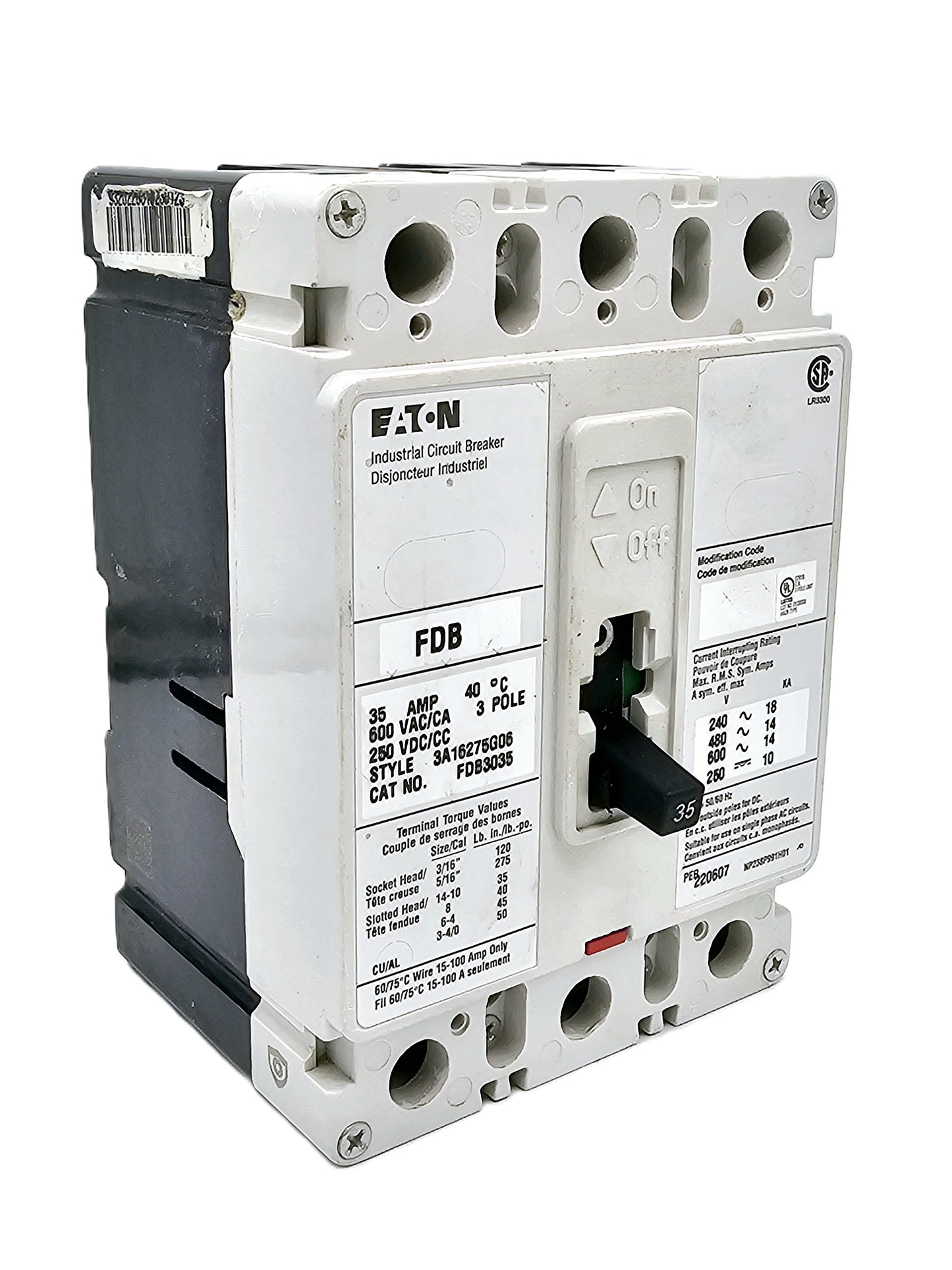 Eaton FDB3035 Industrial Circuit Breaker 3-pole molded case circuit breaker rated at 35 amps, 600 VAC and 250 VDC systems