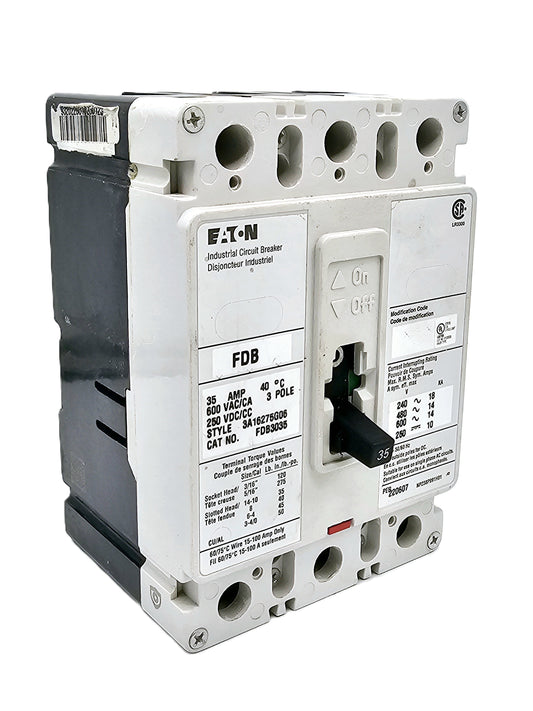 Eaton FDB3035 Industrial Circuit Breaker 3-pole molded case circuit breaker rated at 35 amps, 600 VAC and 250 VDC systems
